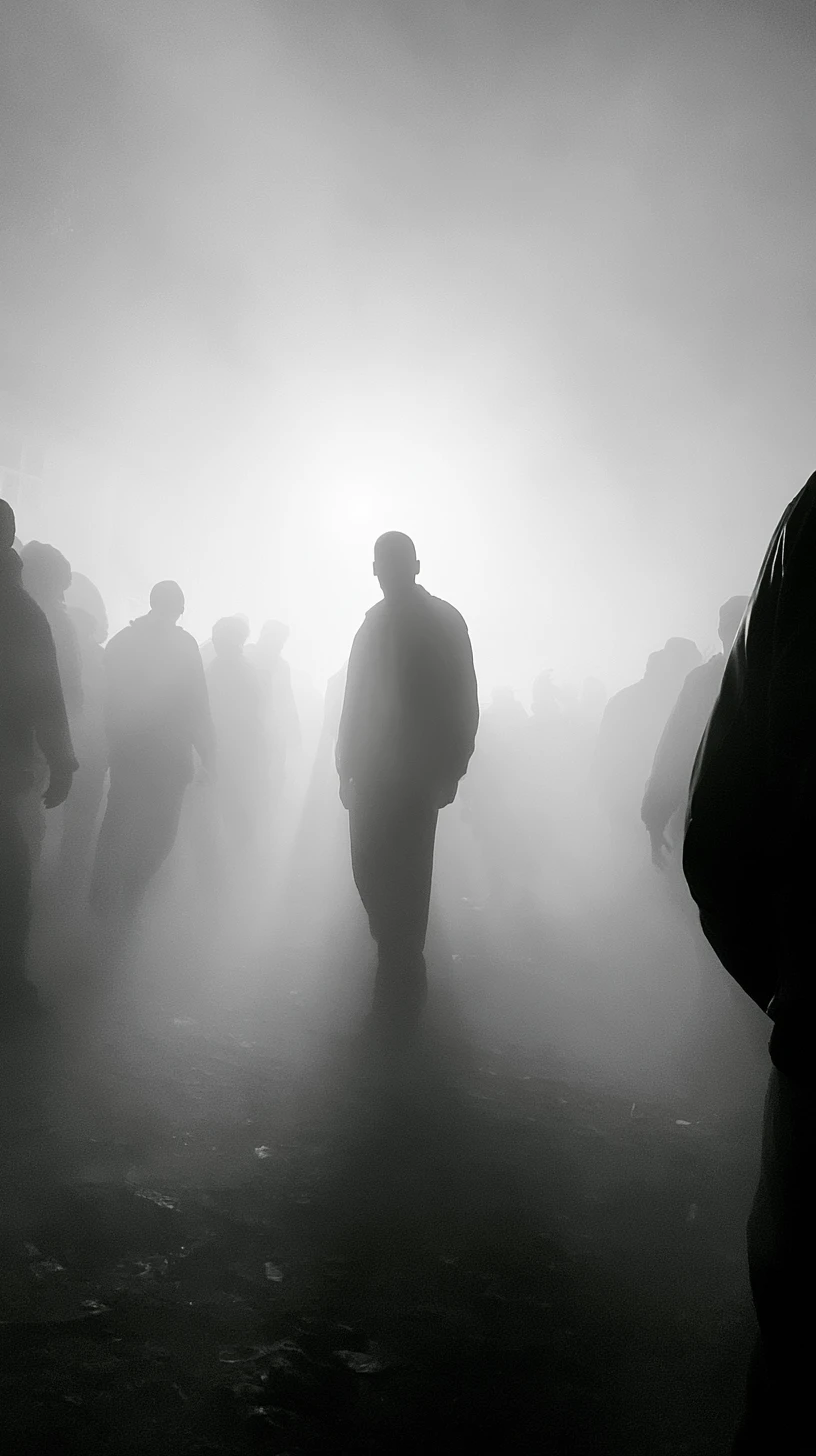 Hombres frente a un violento tiroteo en la niebla de una calle a medianoche