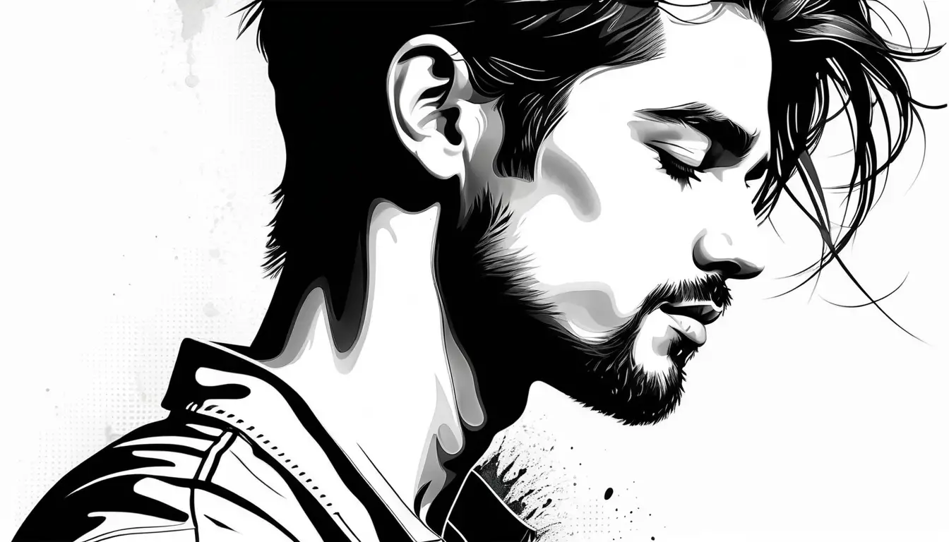 Monochrome close up profile portrait of a serene young man