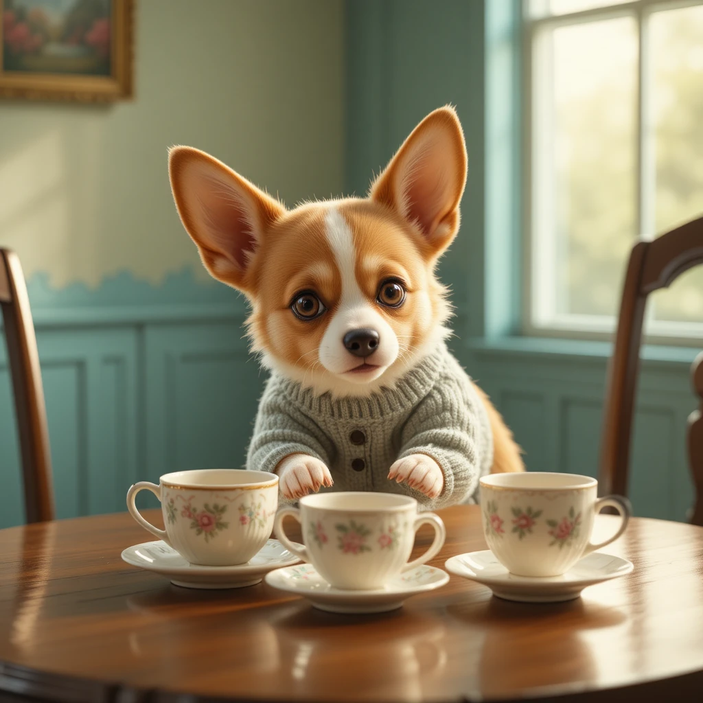 Corgi desajeitado em um suéter pequeno conduzindo xícaras de chá vintage