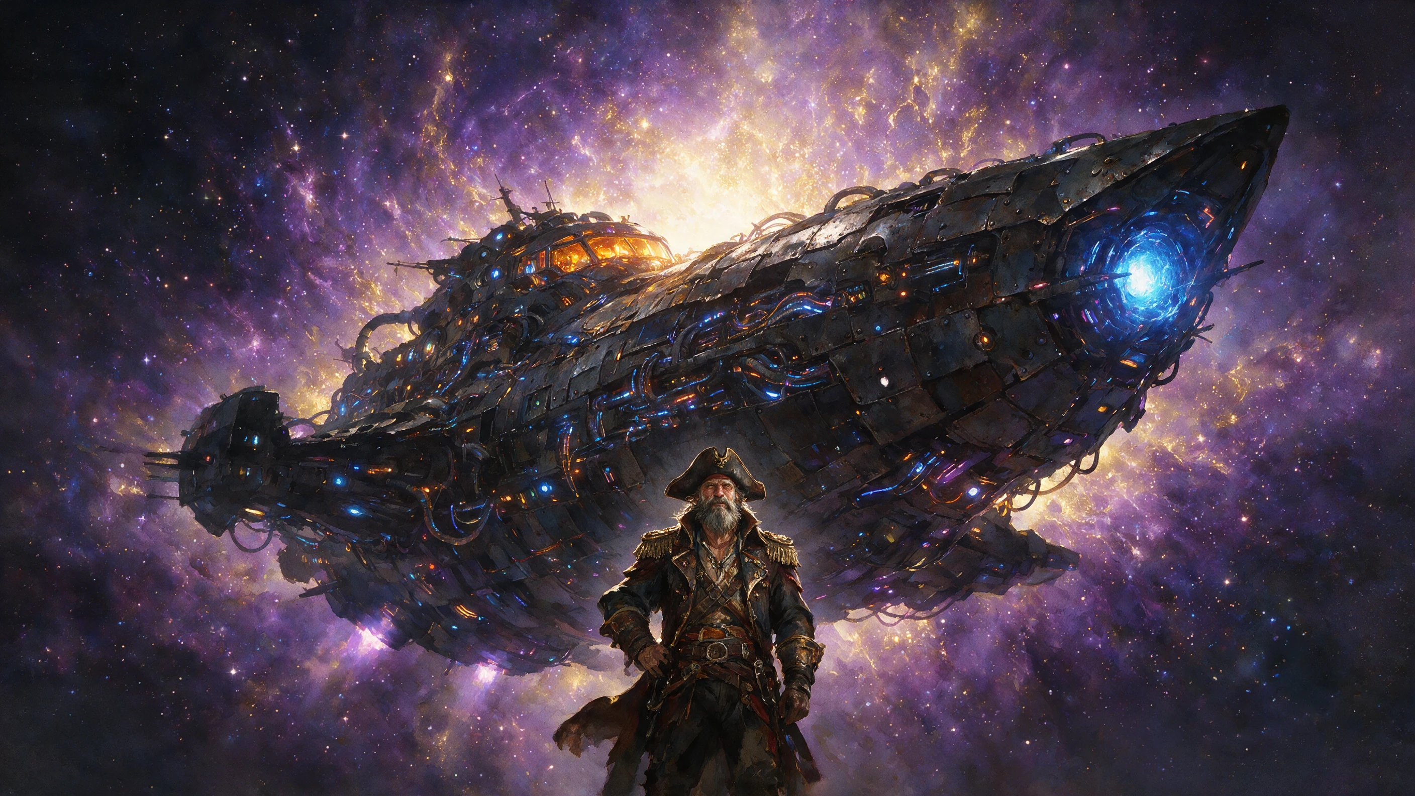 Capitão pirata espacial diante de uma colossal nebulosa de nave estelar