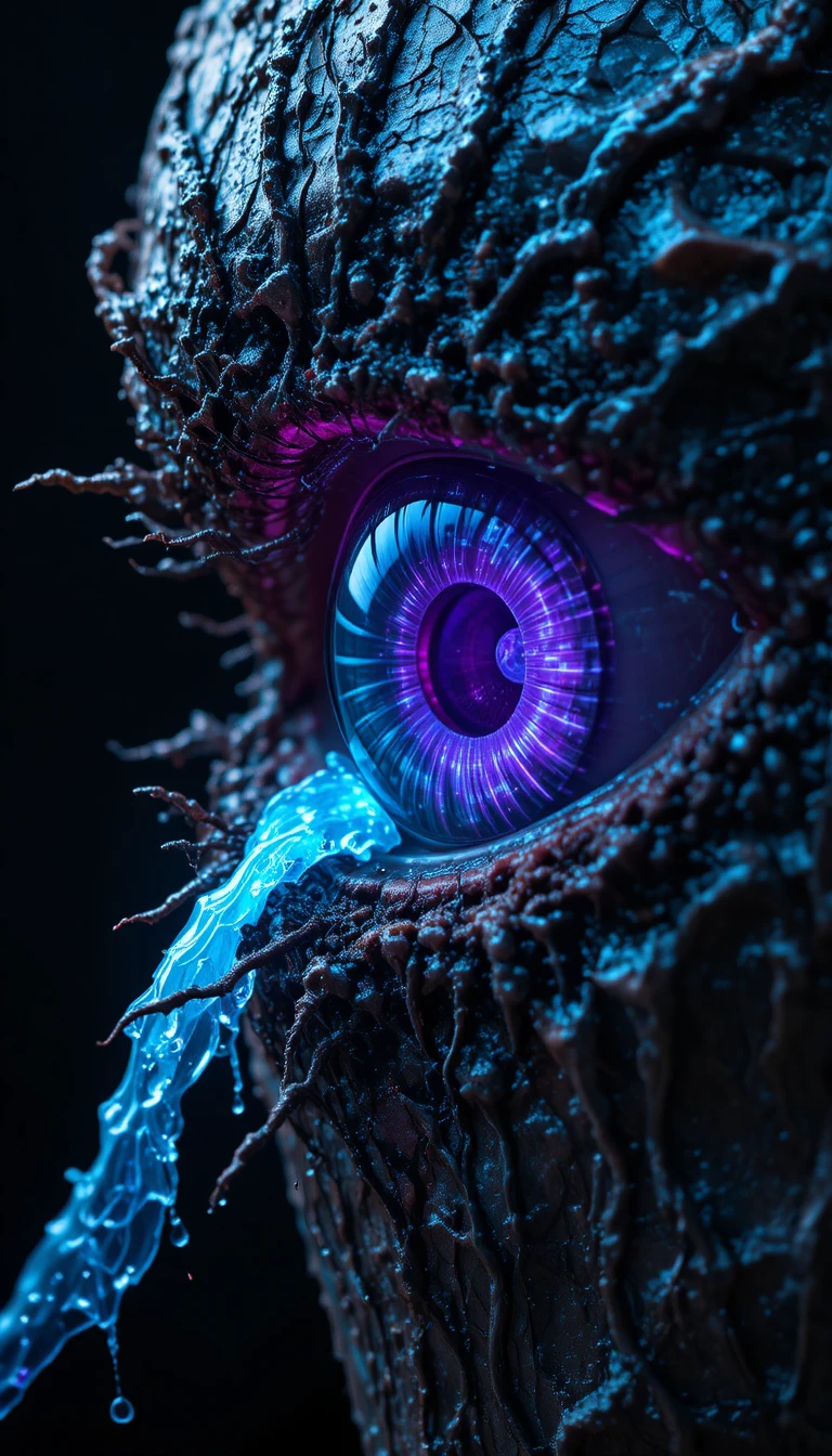 Macro grotesca em close de um olho humano corrompido