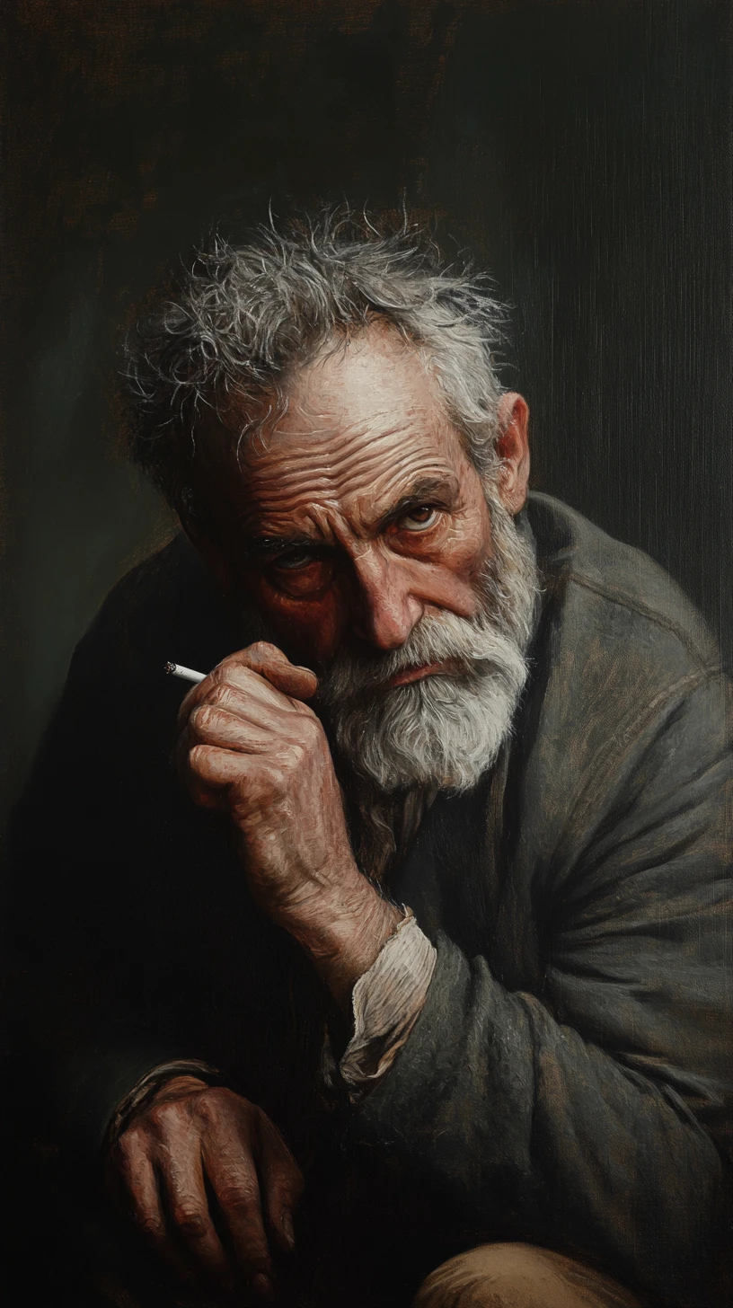 Idoso cansado com cigarro em retrato pintado dramático