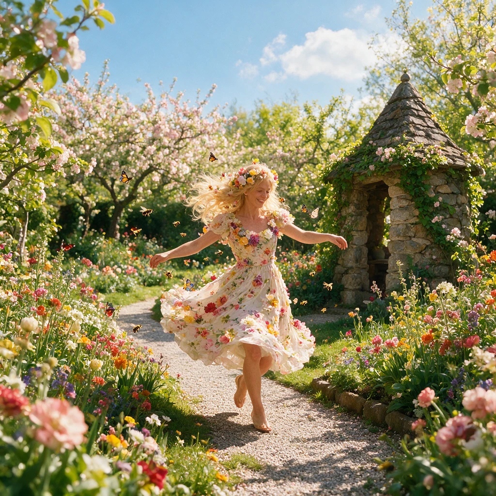 Mulher dançando em um jardim repleto de flores com vestido floral