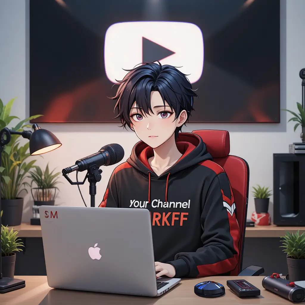 Anime-Junge streamt an einem Computertisch mit Mikrofon