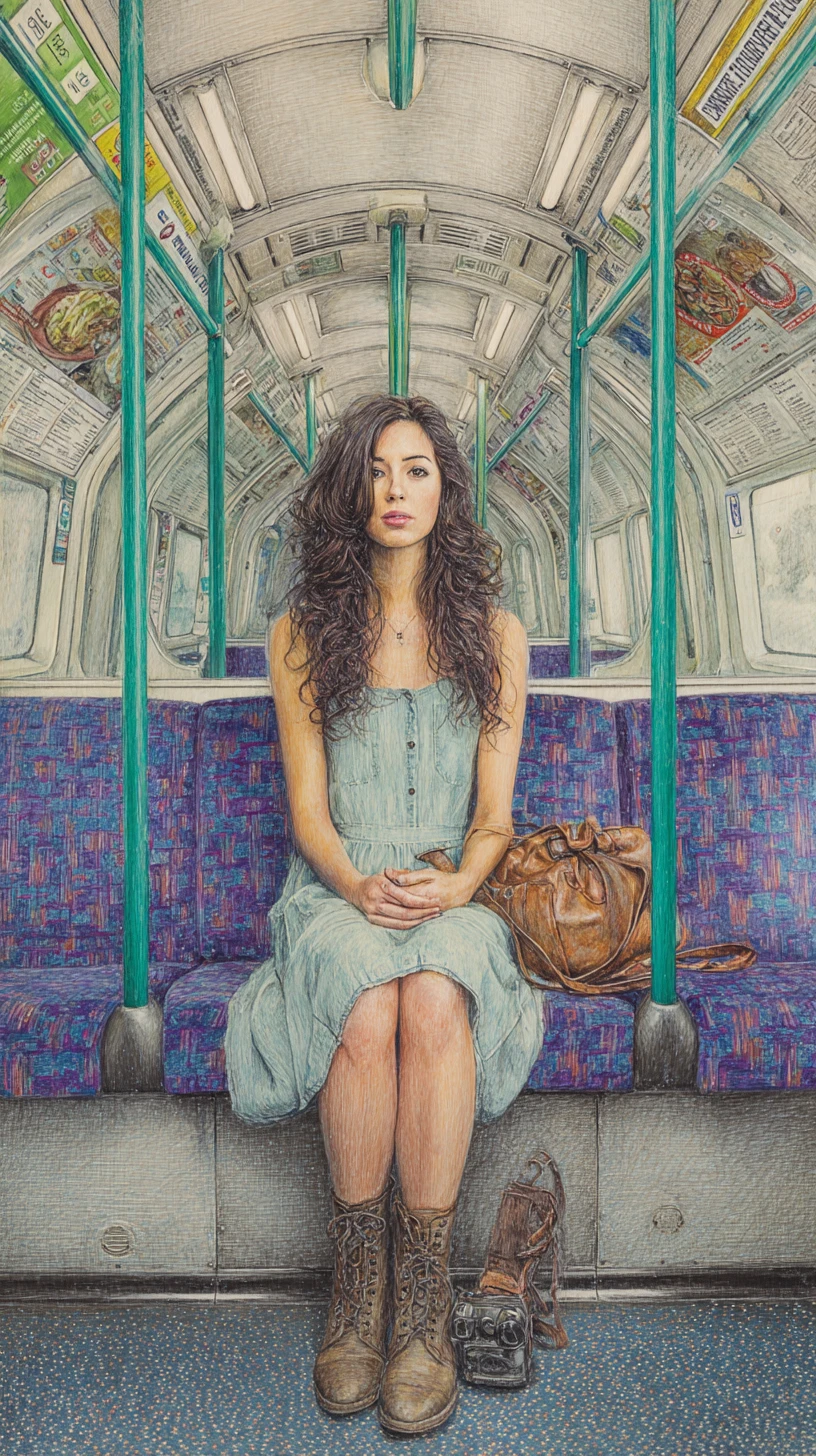 Jovem sentada em assento do metrô de Londres em ilustração a lápis
