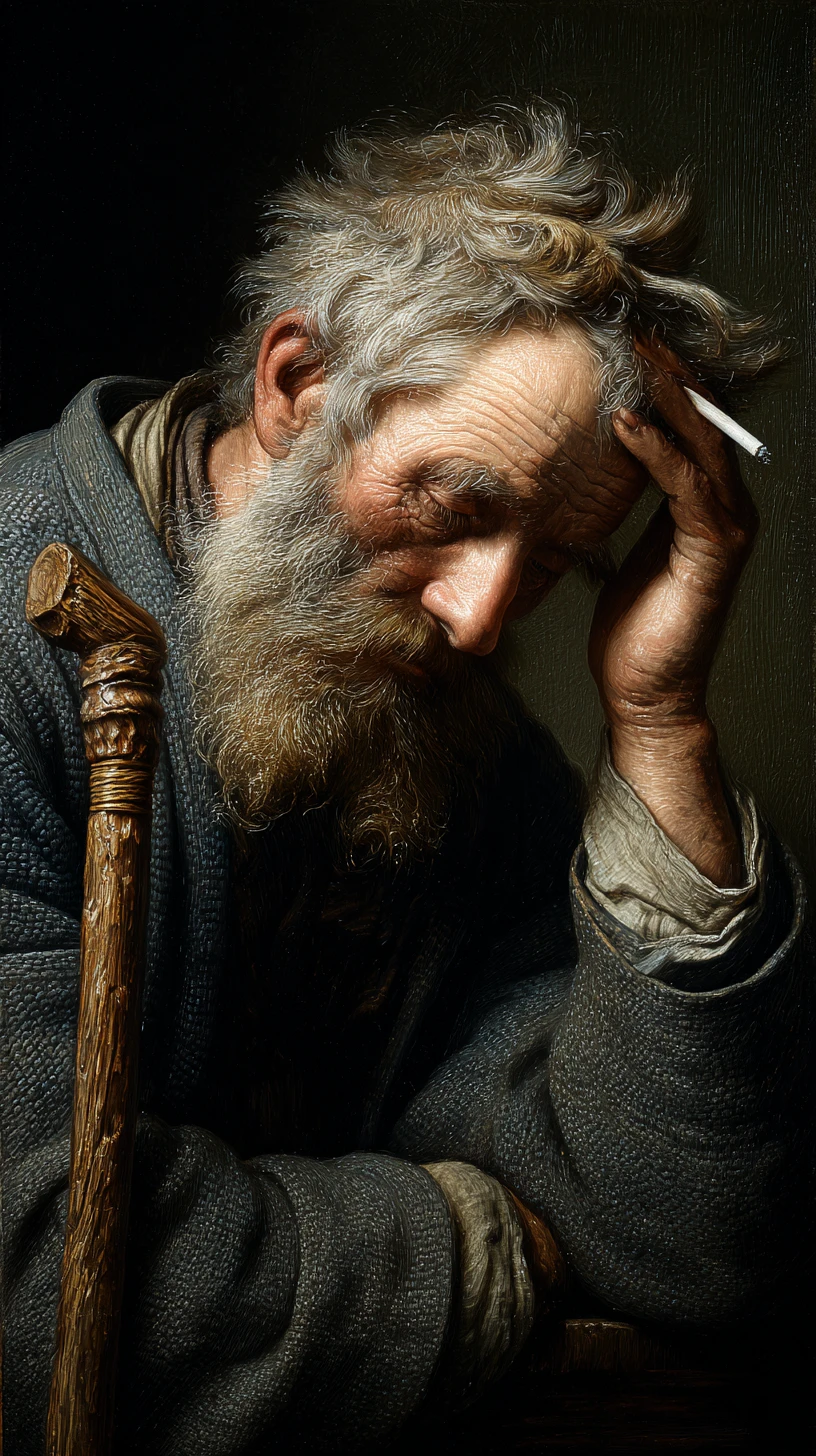 Retrato hiper-realista de um velho cansado com cigarro
