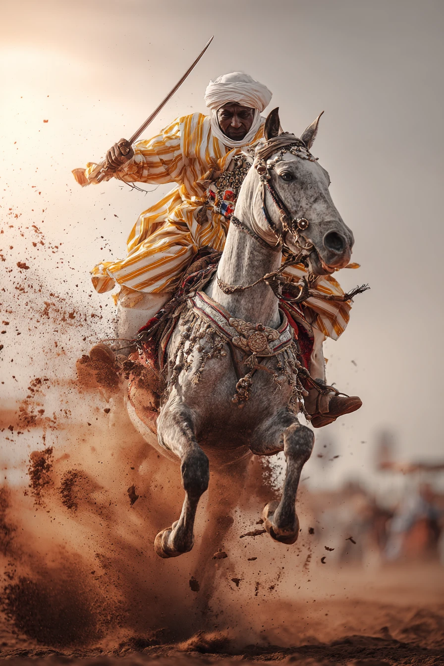 Cavaliere marocchino all’assalto in una spettacolare fantasia polverosa