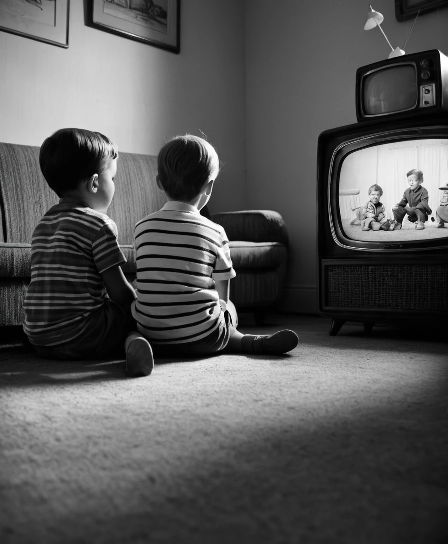 Enfants regardant des dessins animés vintage dans un salon des années 1950
