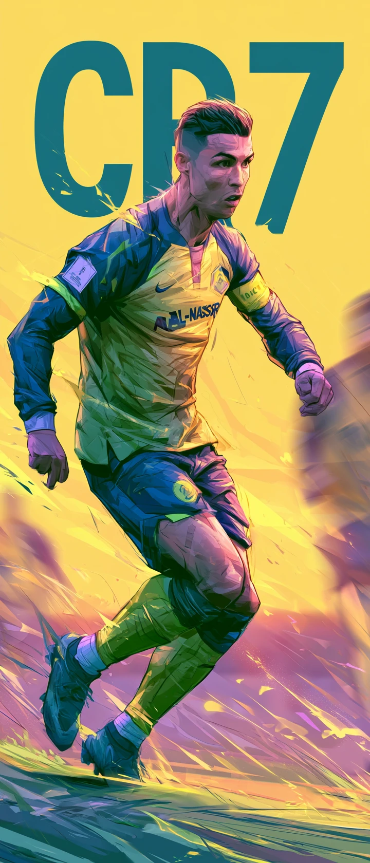 Estrela de futebol em anime nas cores do Al Nassr com texto CR7 em negrito