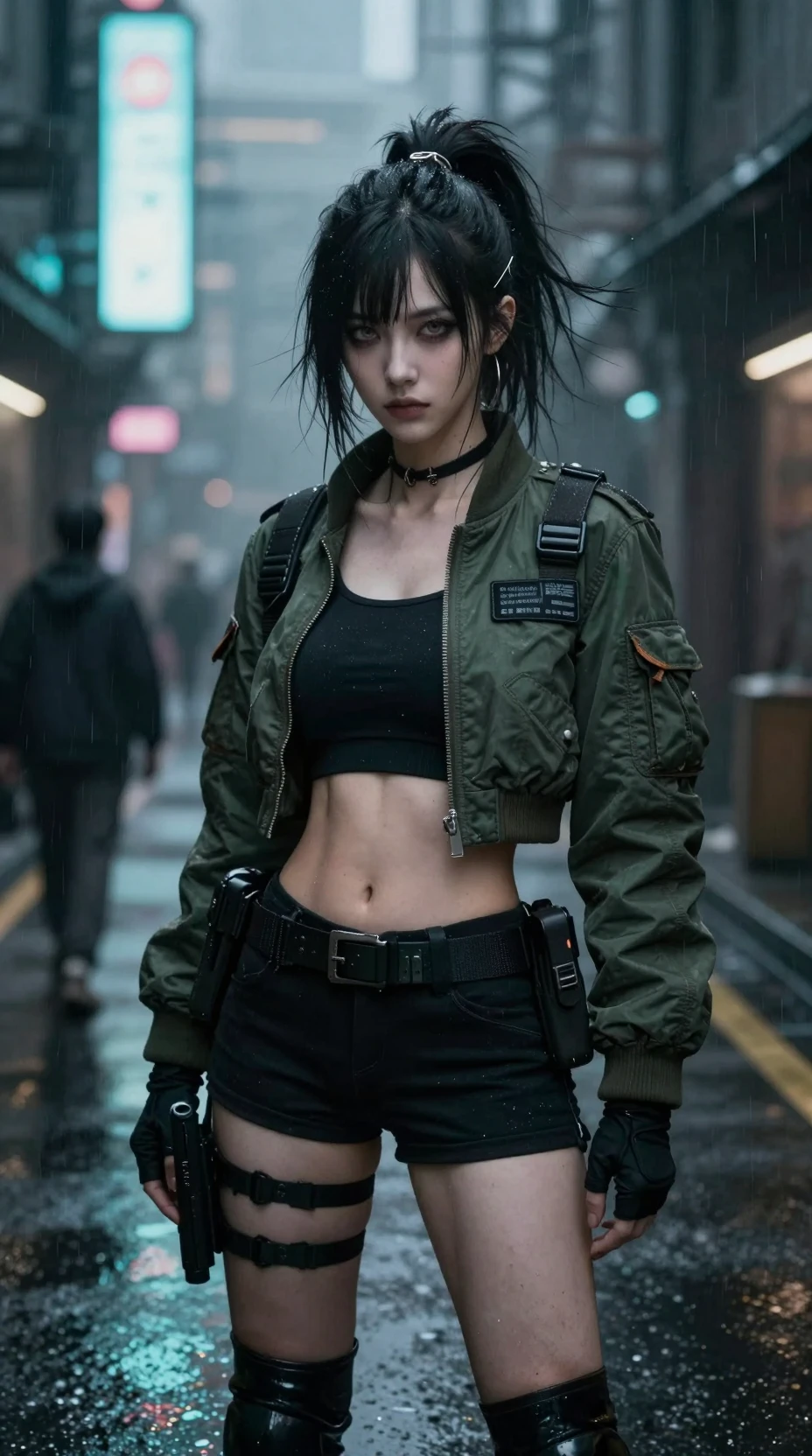 Mercenária cyberpunk em beco neon chuvoso da cidade