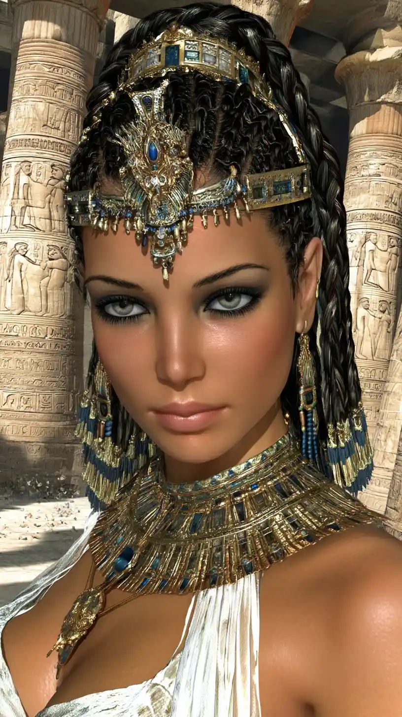 Femme égyptienne antique majestueuse dans la cour ensoleillée d’un temple