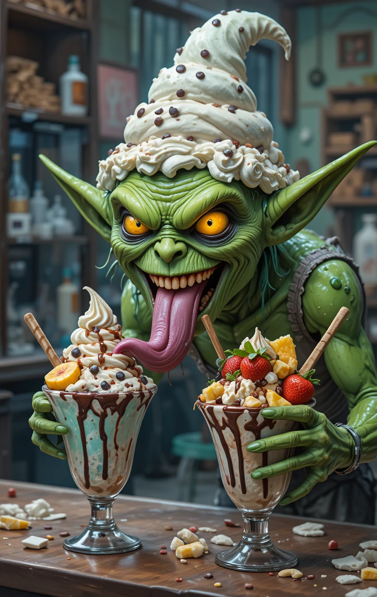 Duende Verde Assustador Fazendo um Sundae de Sorvete Super Recheado