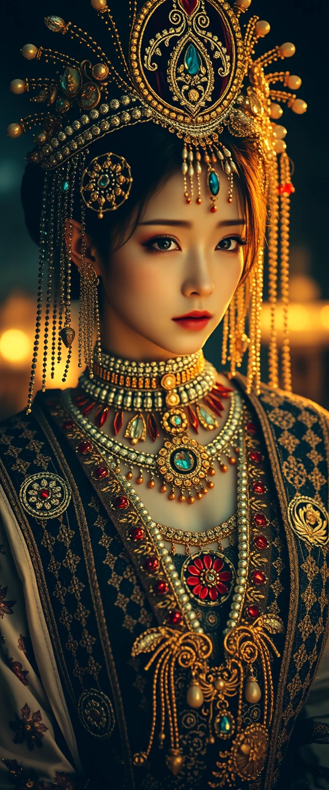 석양 아래 화려한 전통 의상을 입은 기품 있는 여성
