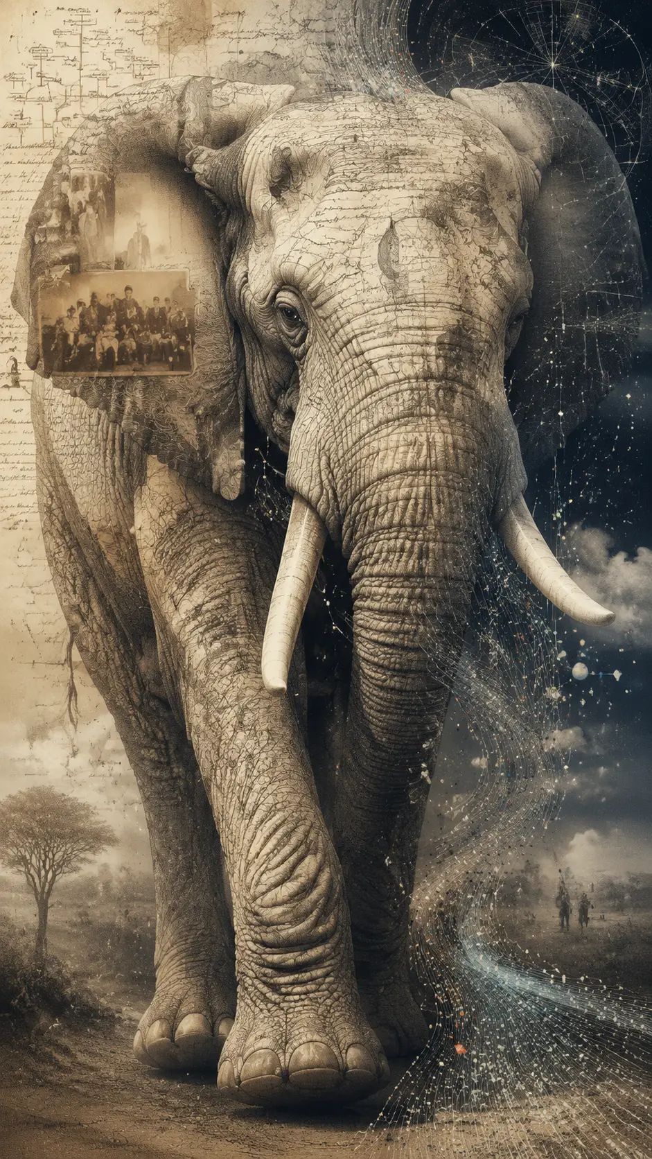 Elefante antigo caminhando por um vasto espaço abstrato