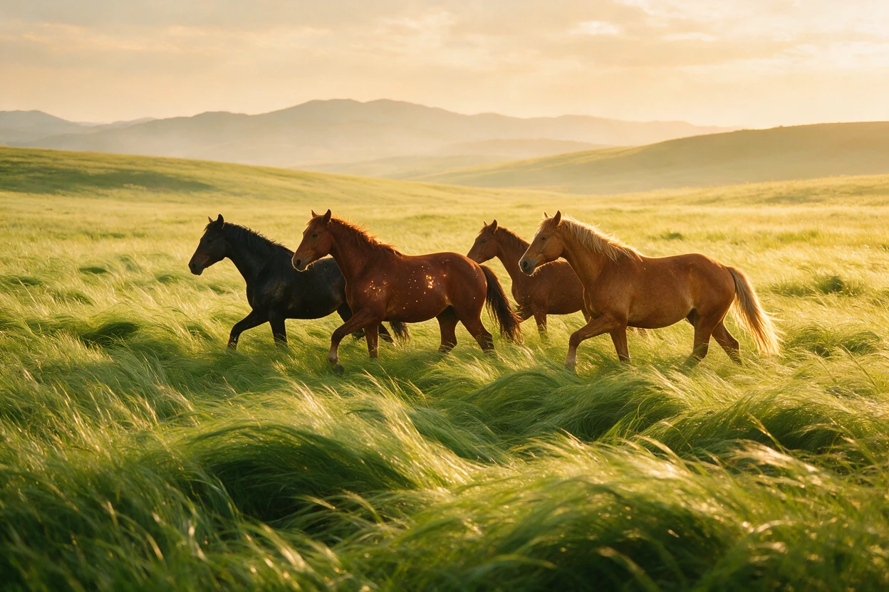Cavalos se movendo silenciosamente pela grama sussurrante ao sol