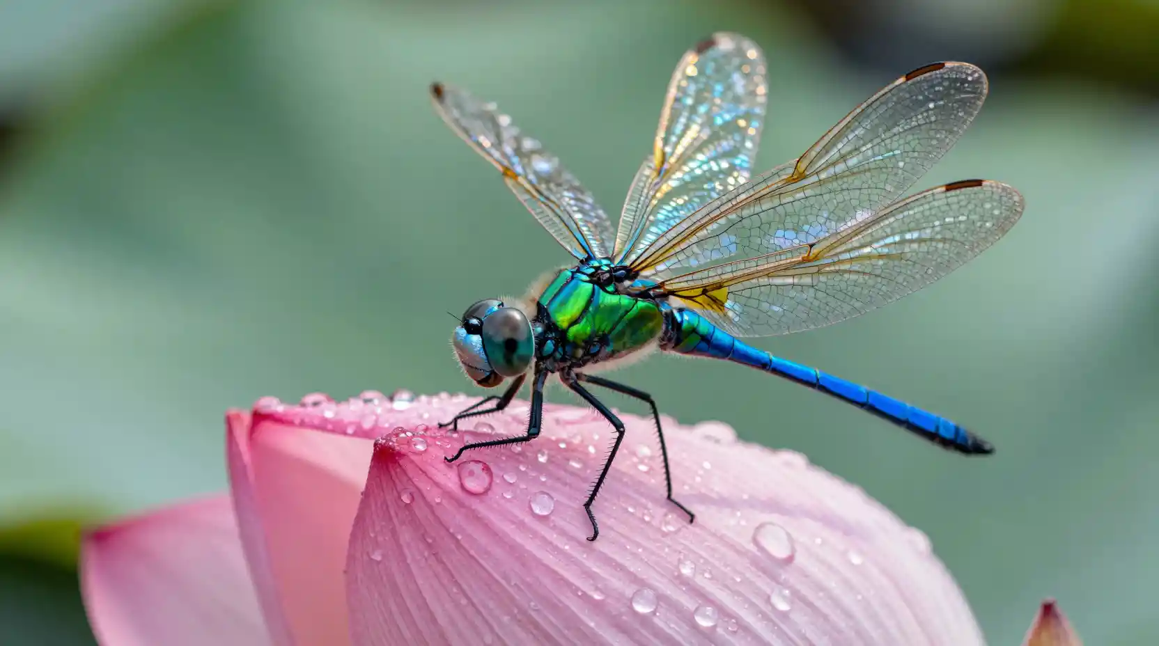 Dragonfly On Dew Covered Pink Lotus Petal At Sunrise