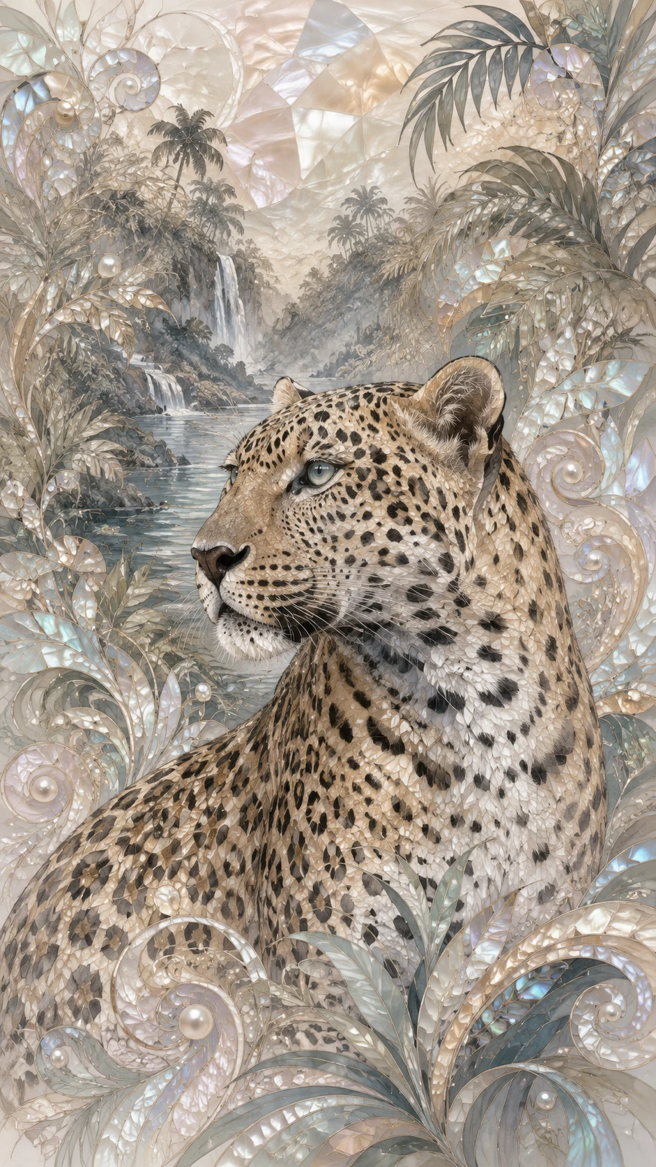 幻想的なイラストで密林から現れるヒョウ