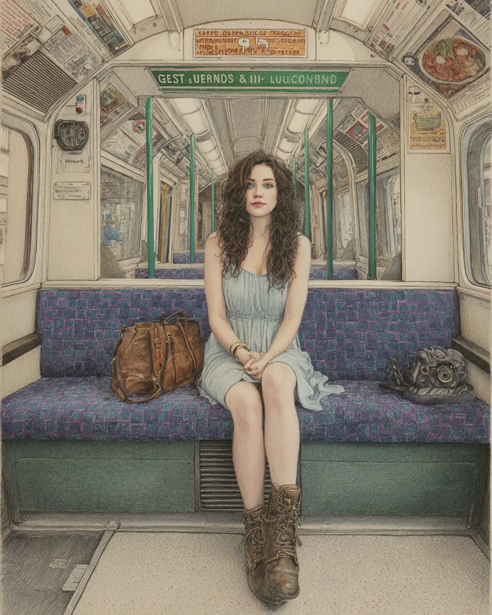 Young woman on London Underground seat in pencil drawing