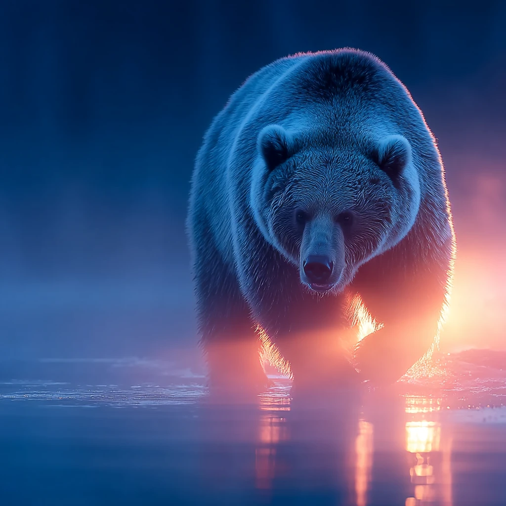 Cinematischer Bär im nebligen Wald mit volumetrischen Lichtstrahlen