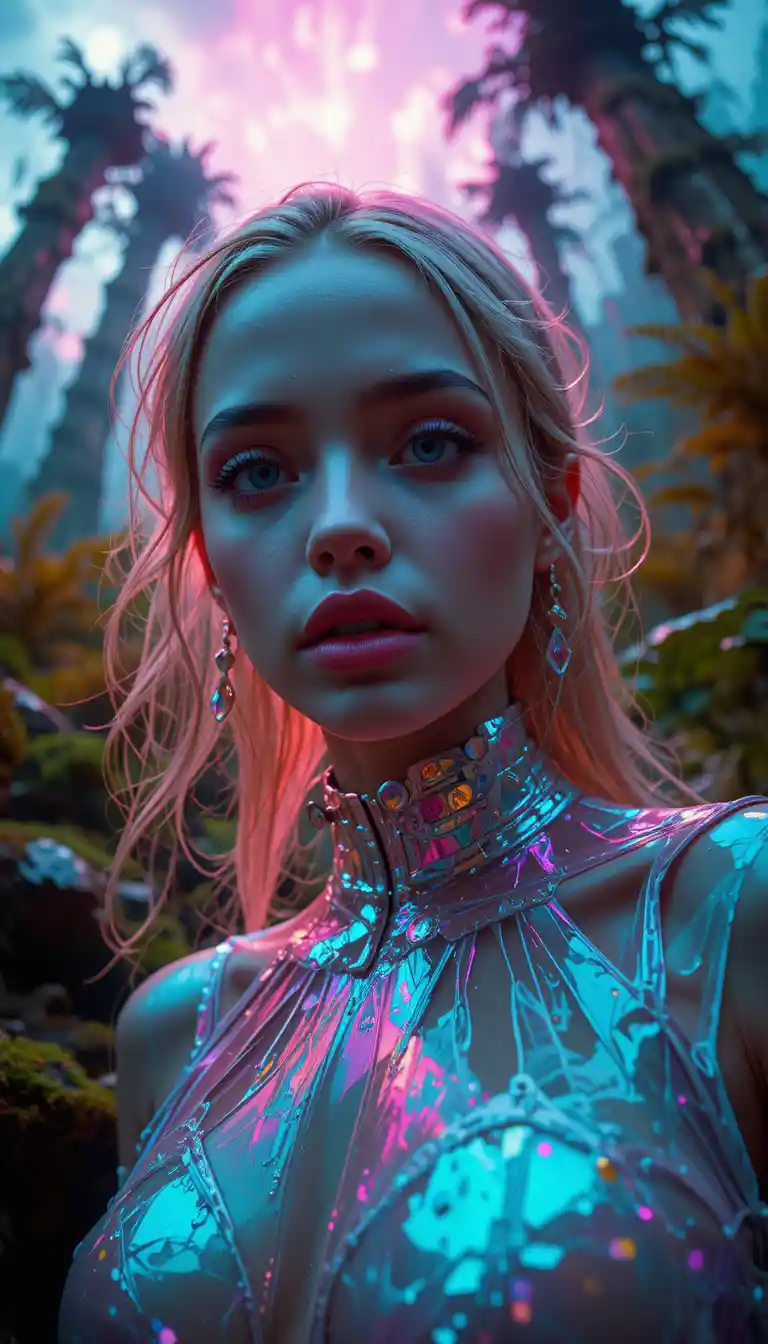 Low-Angle-Porträt eines Emo-Girls im futuristischen Dschungel
