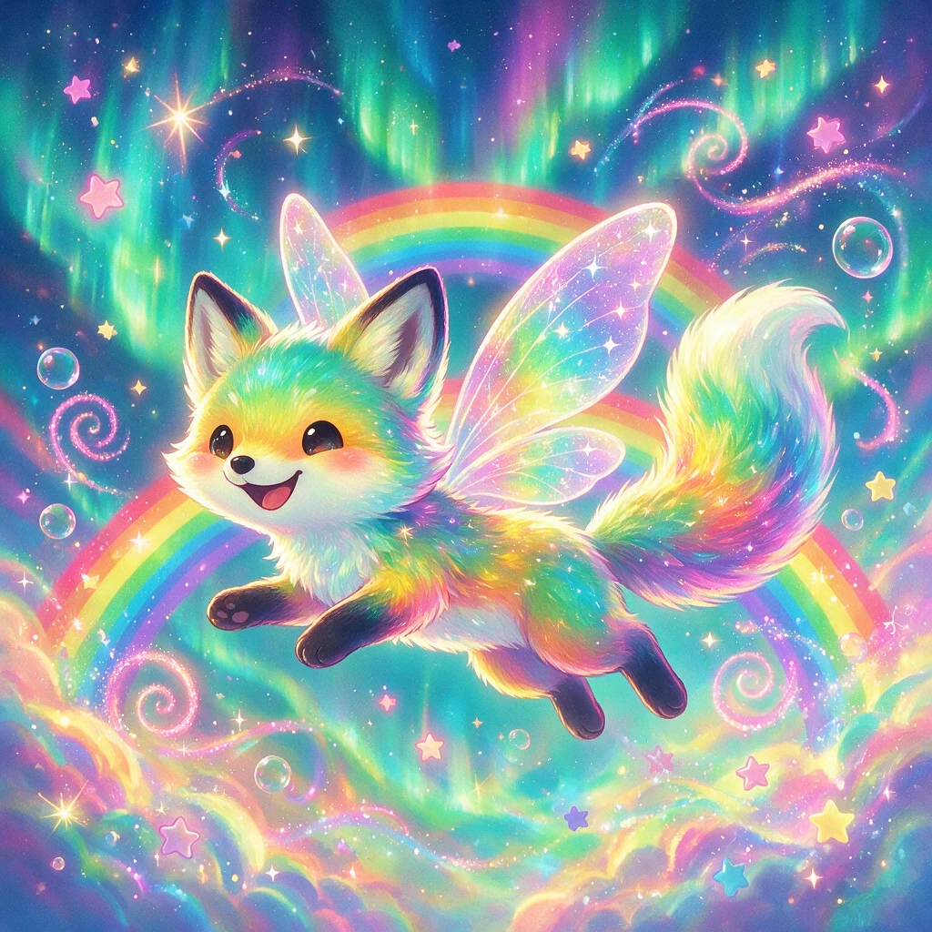 Raposa bioluminescente fantasiosa voando em céu colorido