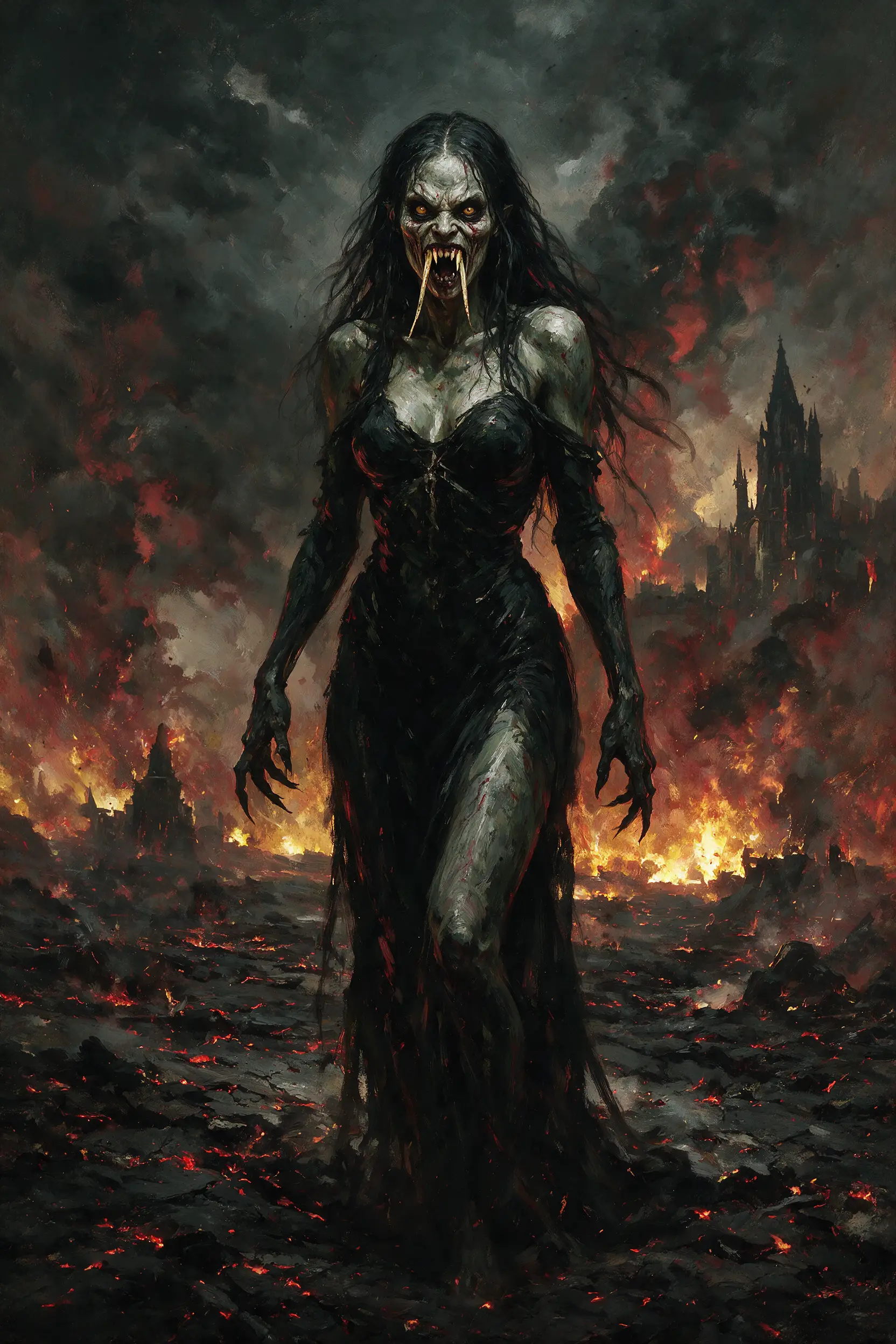 Surreal female demon with fangs in dark horror style