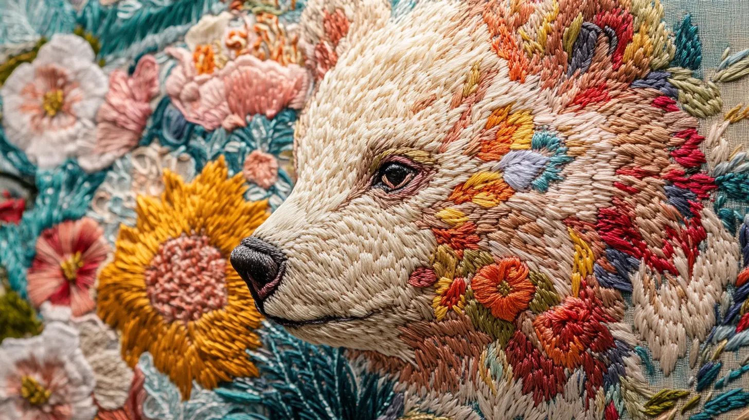 Ritratto di orsacchiotto con dettagli floreali ricamati