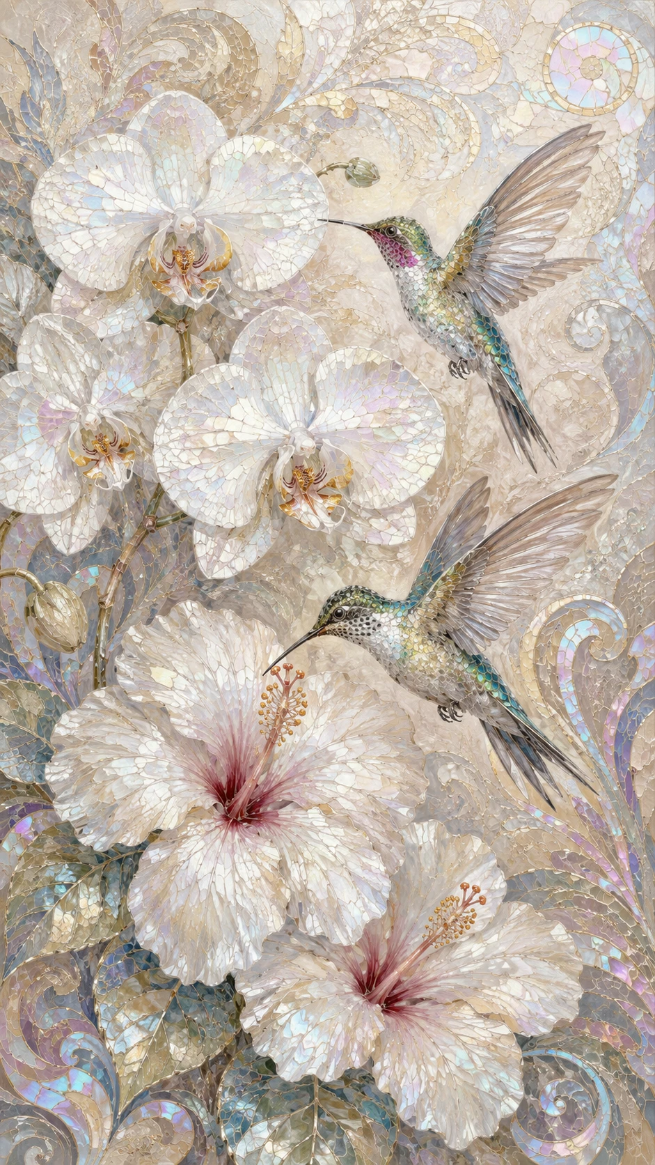 Orquídeas blancas y colibríes en arte de mosaico de cristal