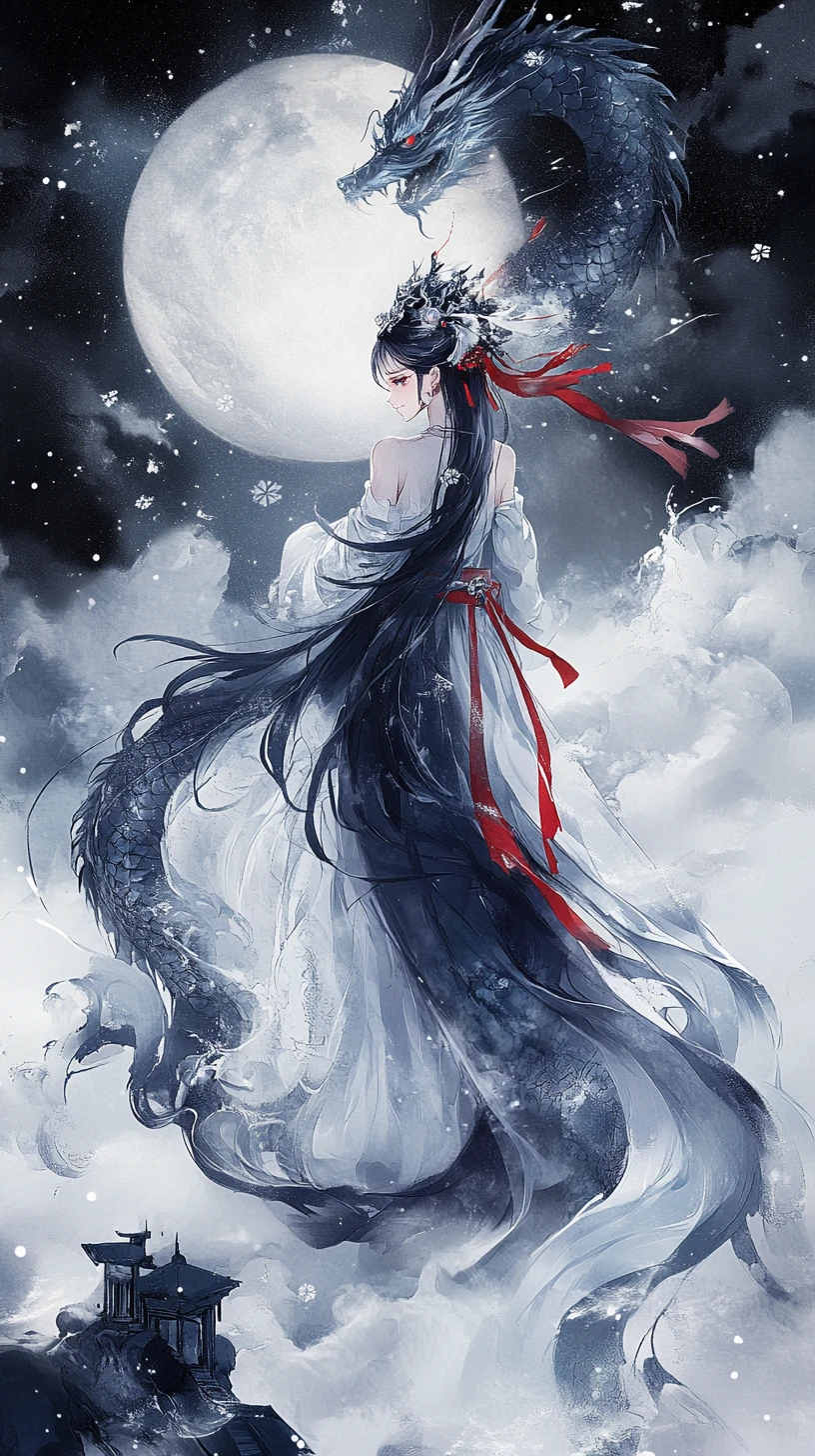 Anime girl beneath a dragon in a moonlit sky