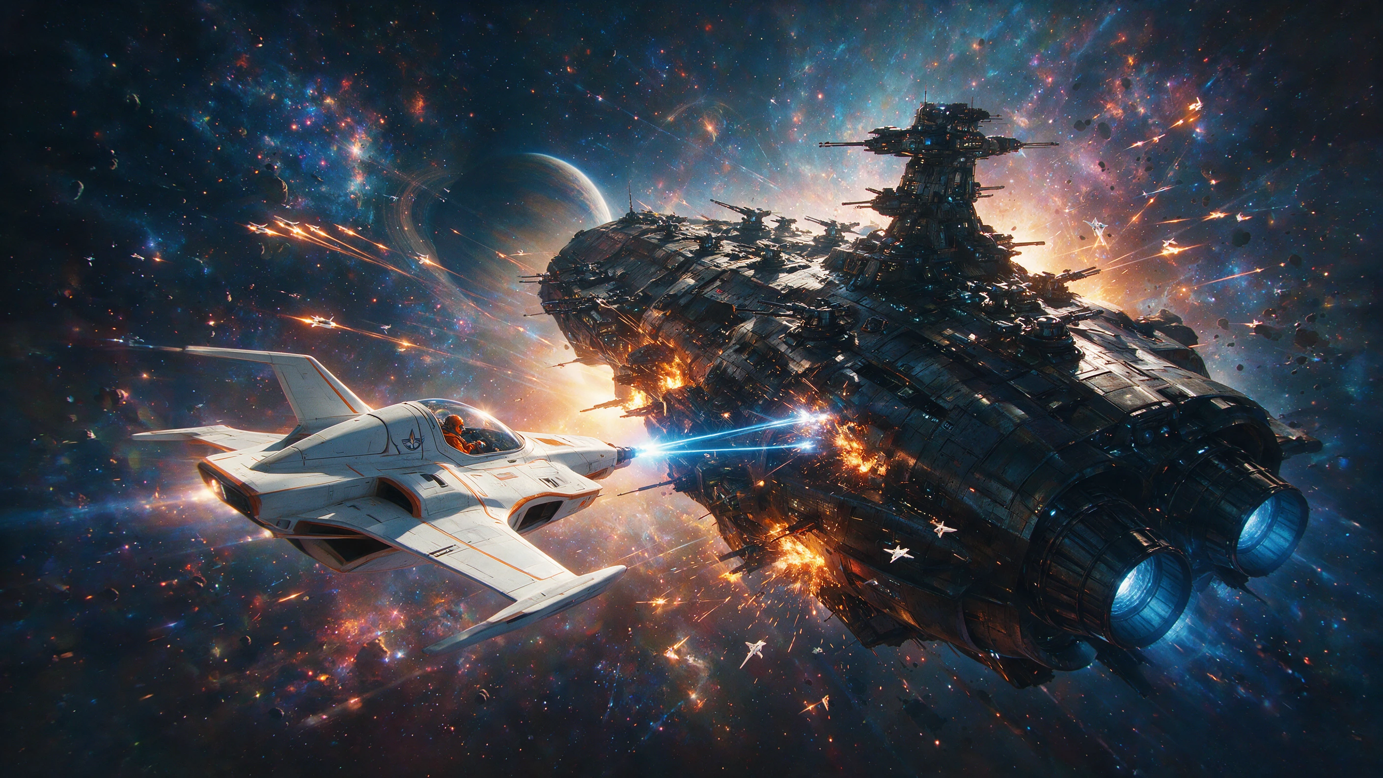 Eleganter Raumjäger greift einen fremden Dreadnought im Orbit an