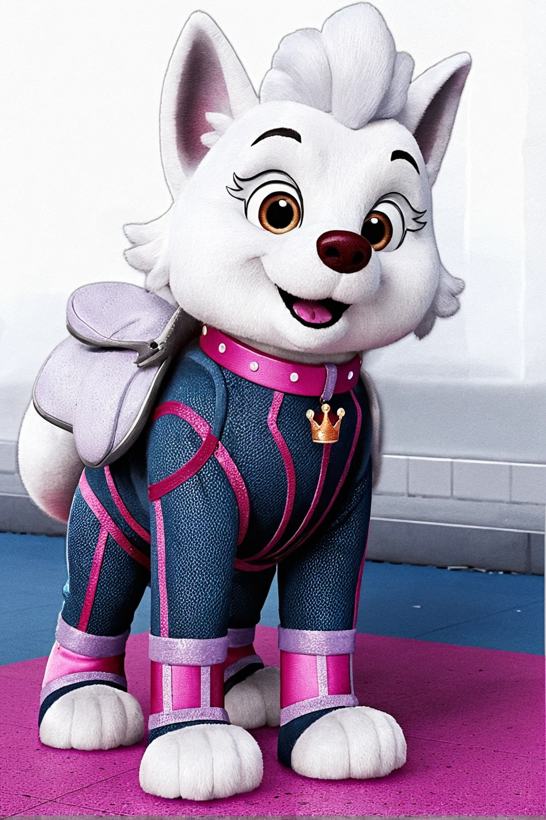 Mascote de cachorro princesa posando em um castelo fantástico e colorido