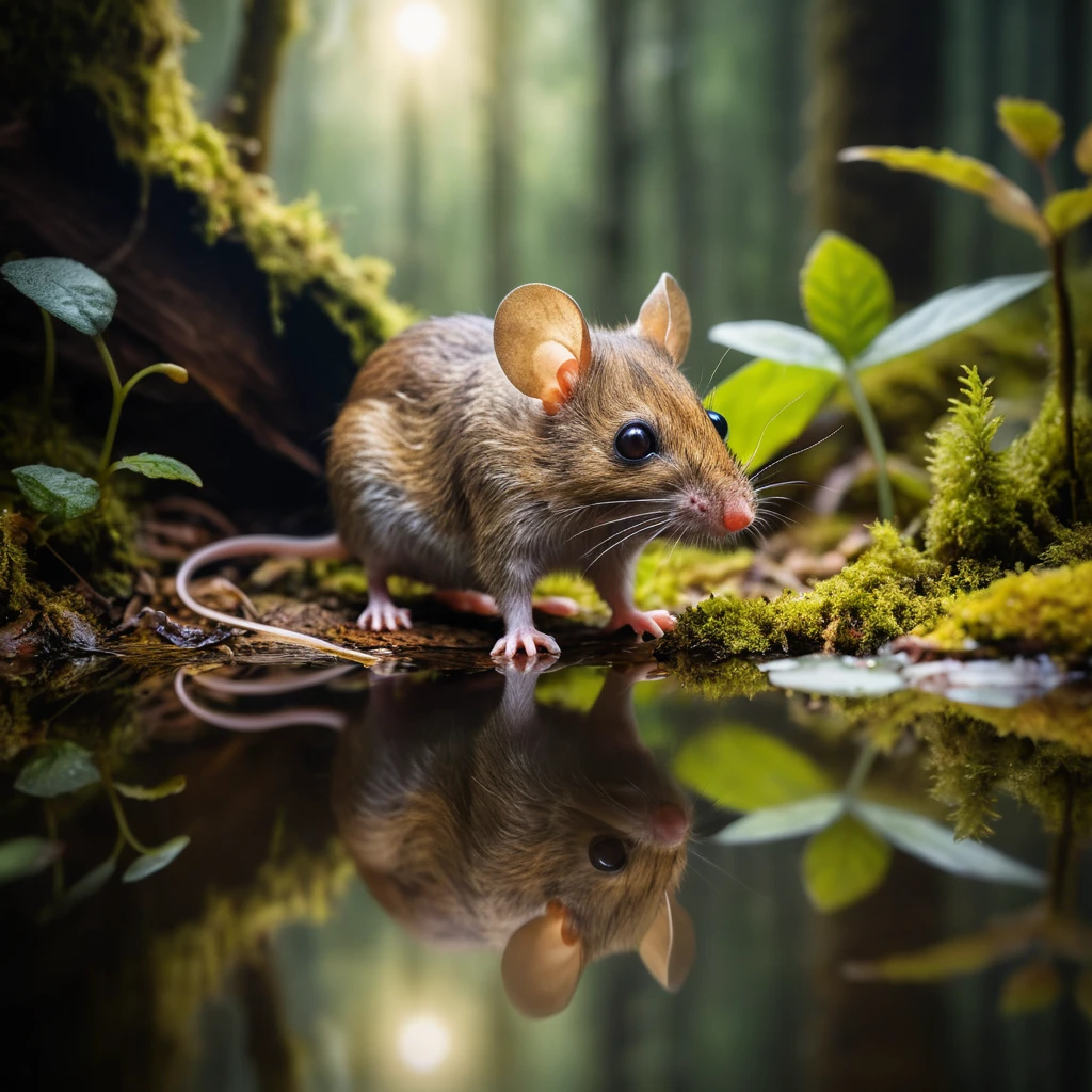 Winzige wilde Maus an einem Waldteich mit klarer Spiegelung
