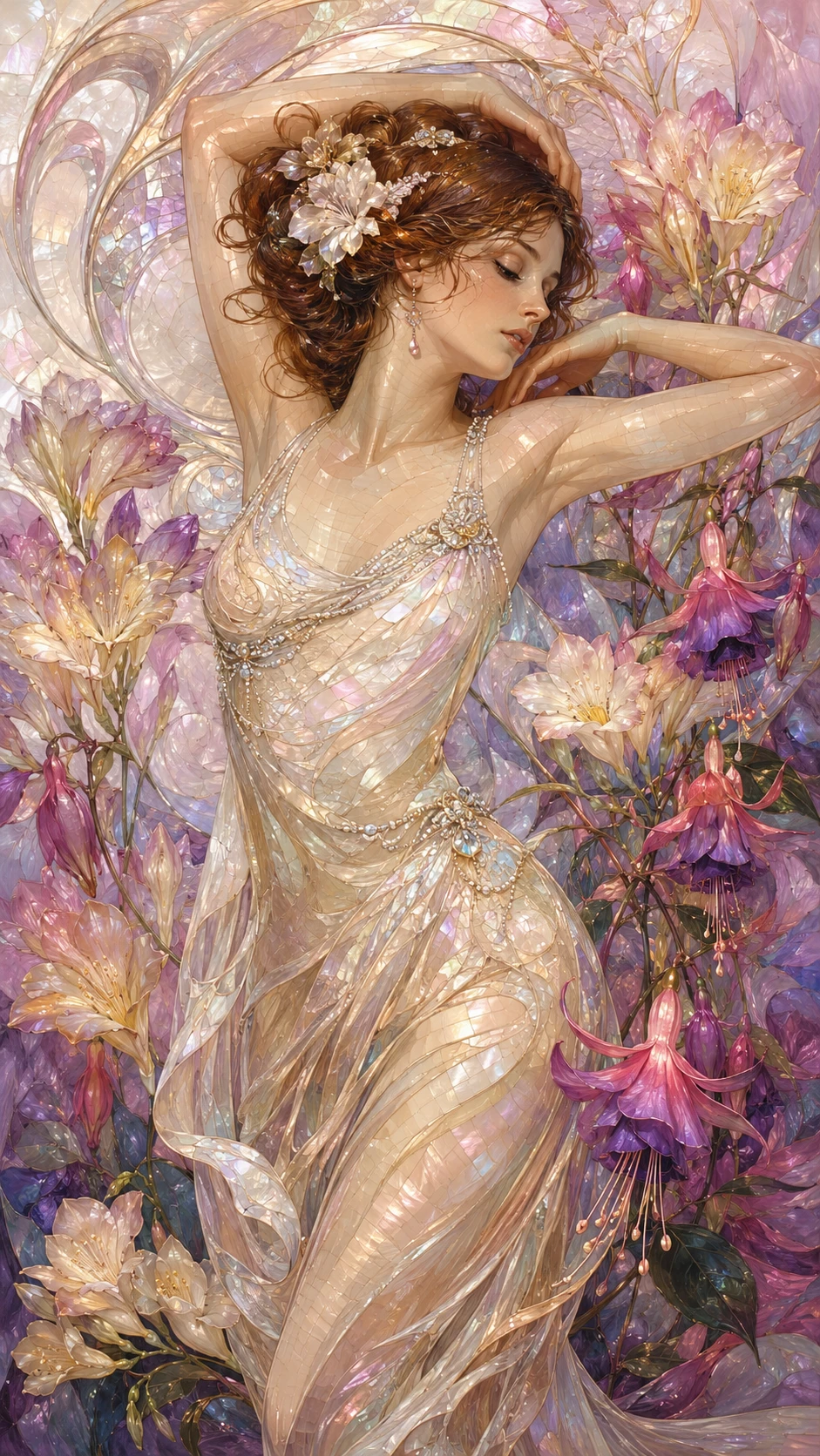 Elegante Jugendstil-Dame mit floraler Mosaik-Kulisse
