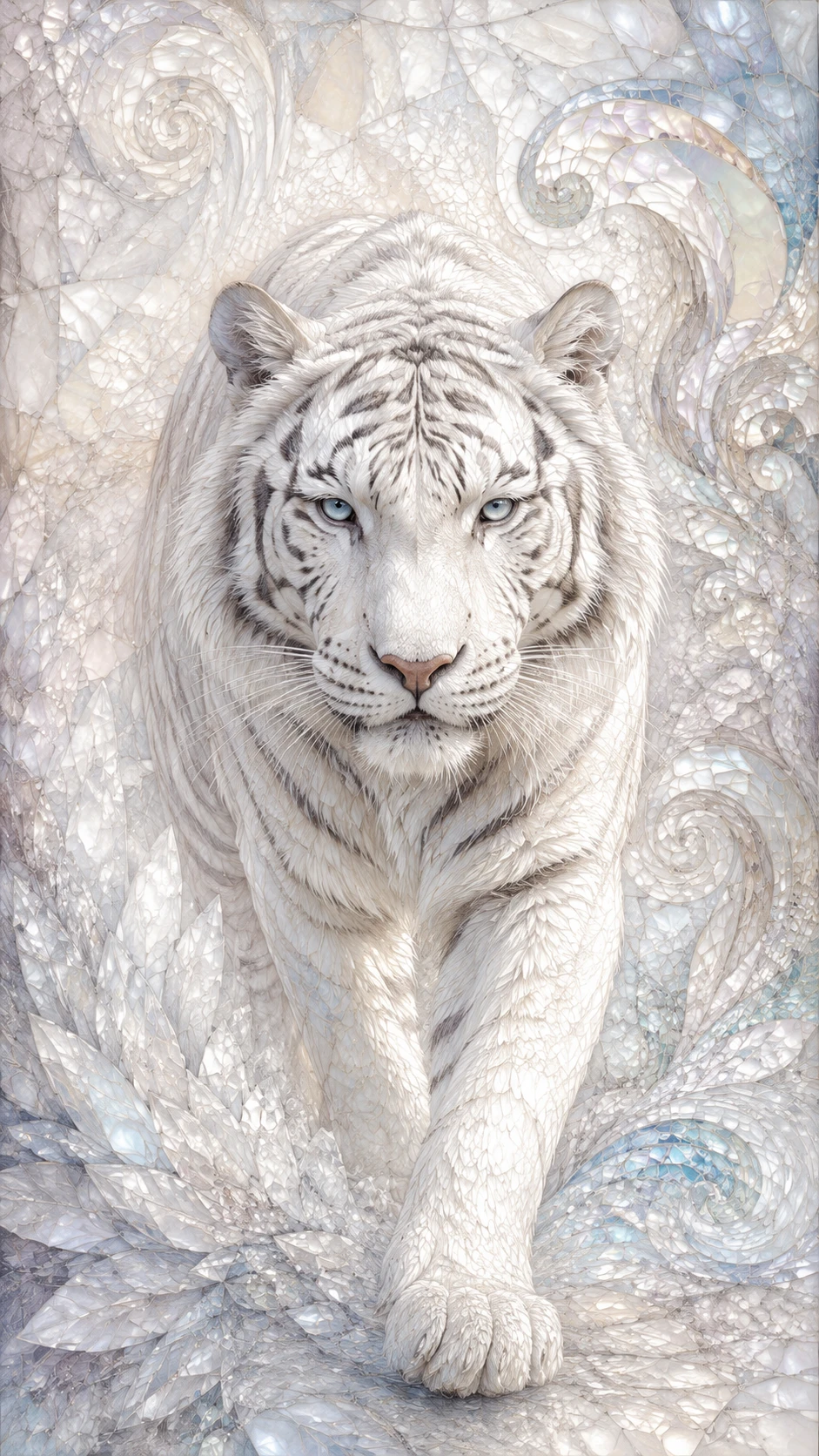 Illustration eines weißen Tigers mit fließenden abstrakten Kristallmustern