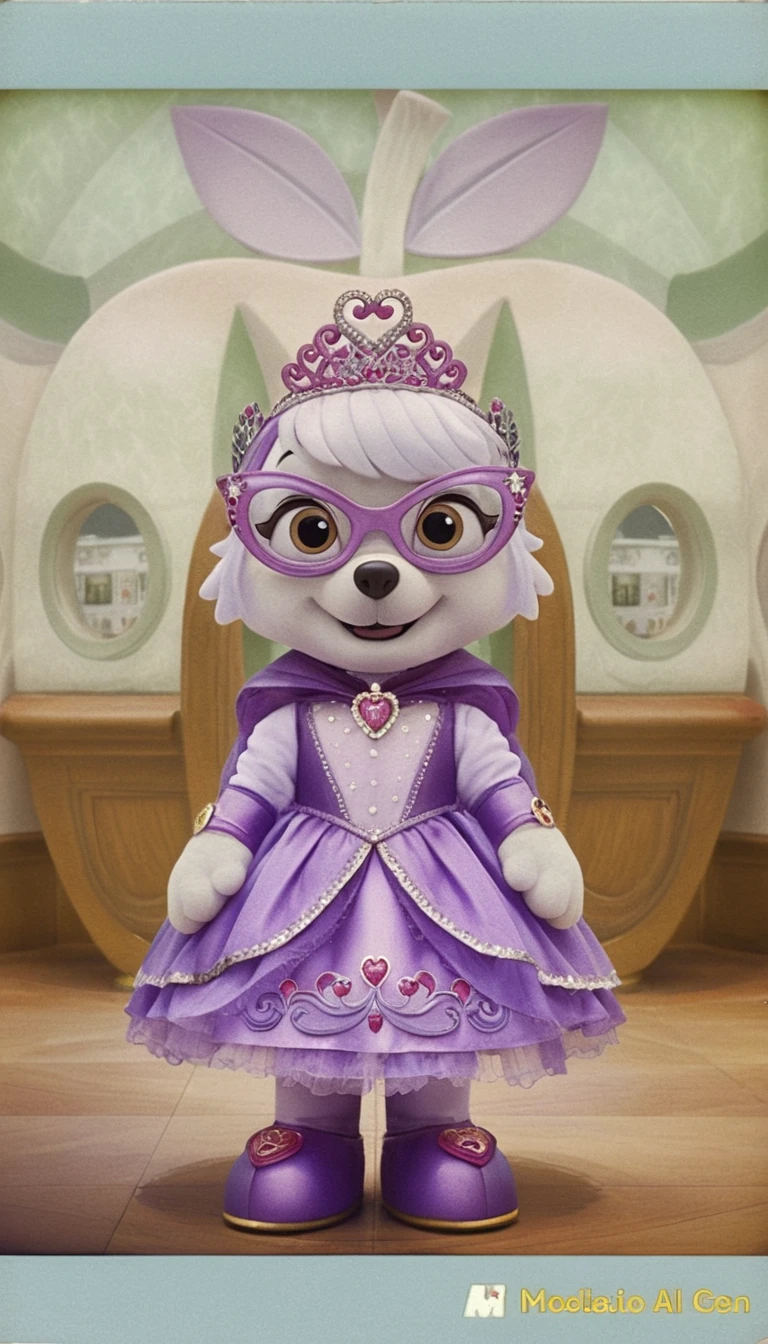 Mascotte chien princesse posant devant un château de pommes fantastique