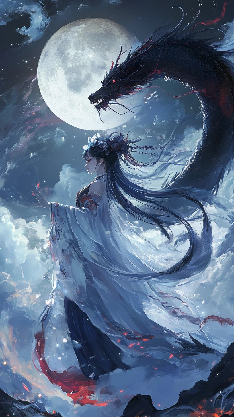 Drago asiatico in un cielo notturno anime illuminato dalla luna