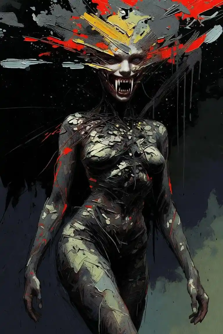 黑暗恐怖風格的超現實長牙女惡魔