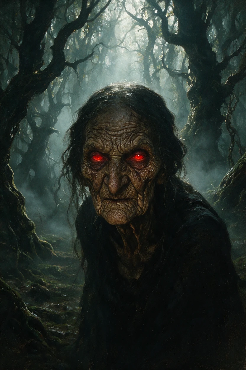 Retrato de una bruja siniestra en un bosque pantanoso oscuro