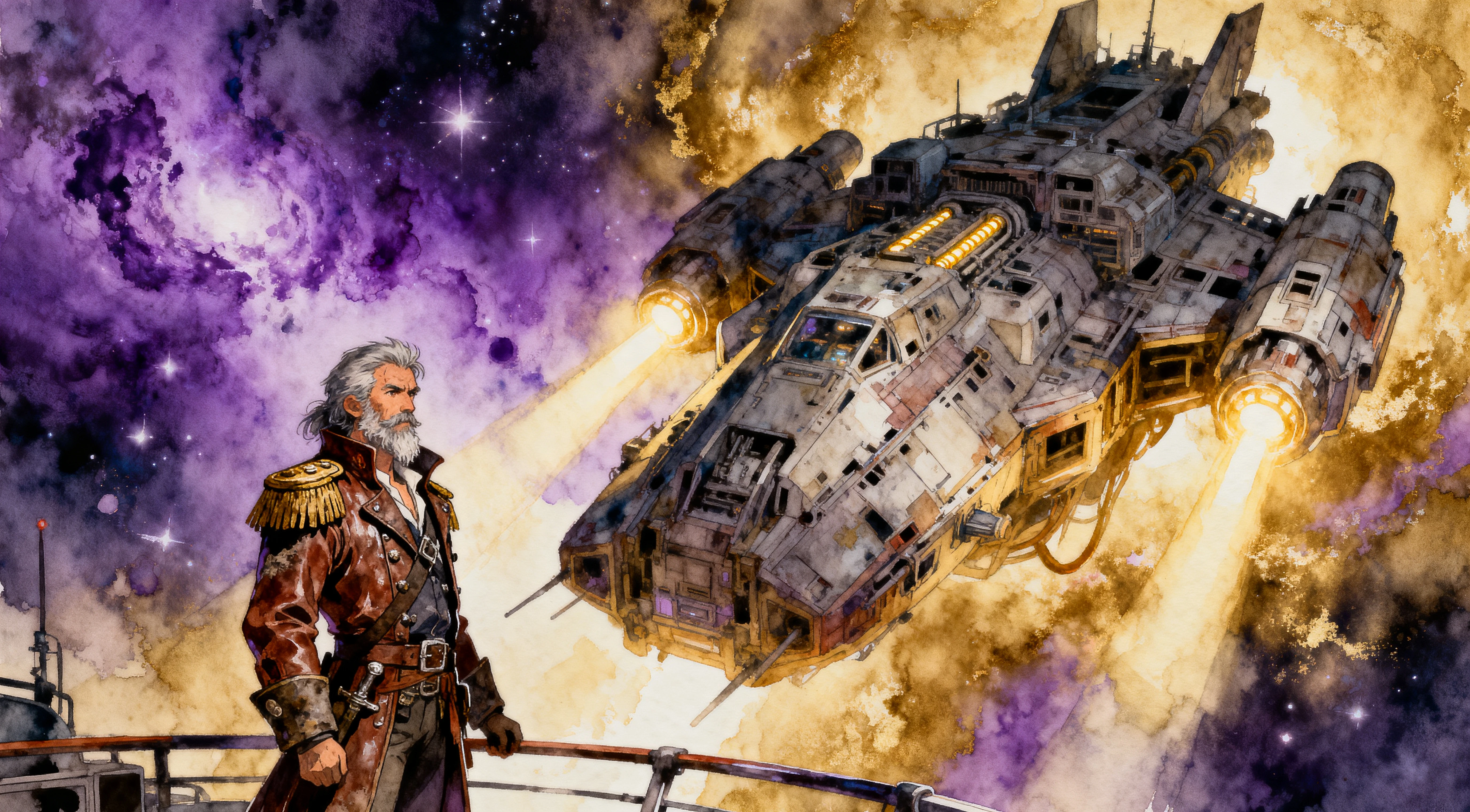 Un capitaine pirate de l’espace endurci devant un vaisseau stellaire colossal