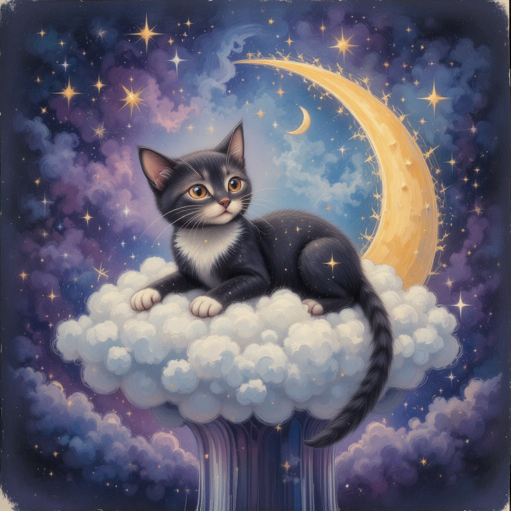 Chat céleste féerique reposant sur un nuage en croissant de lune