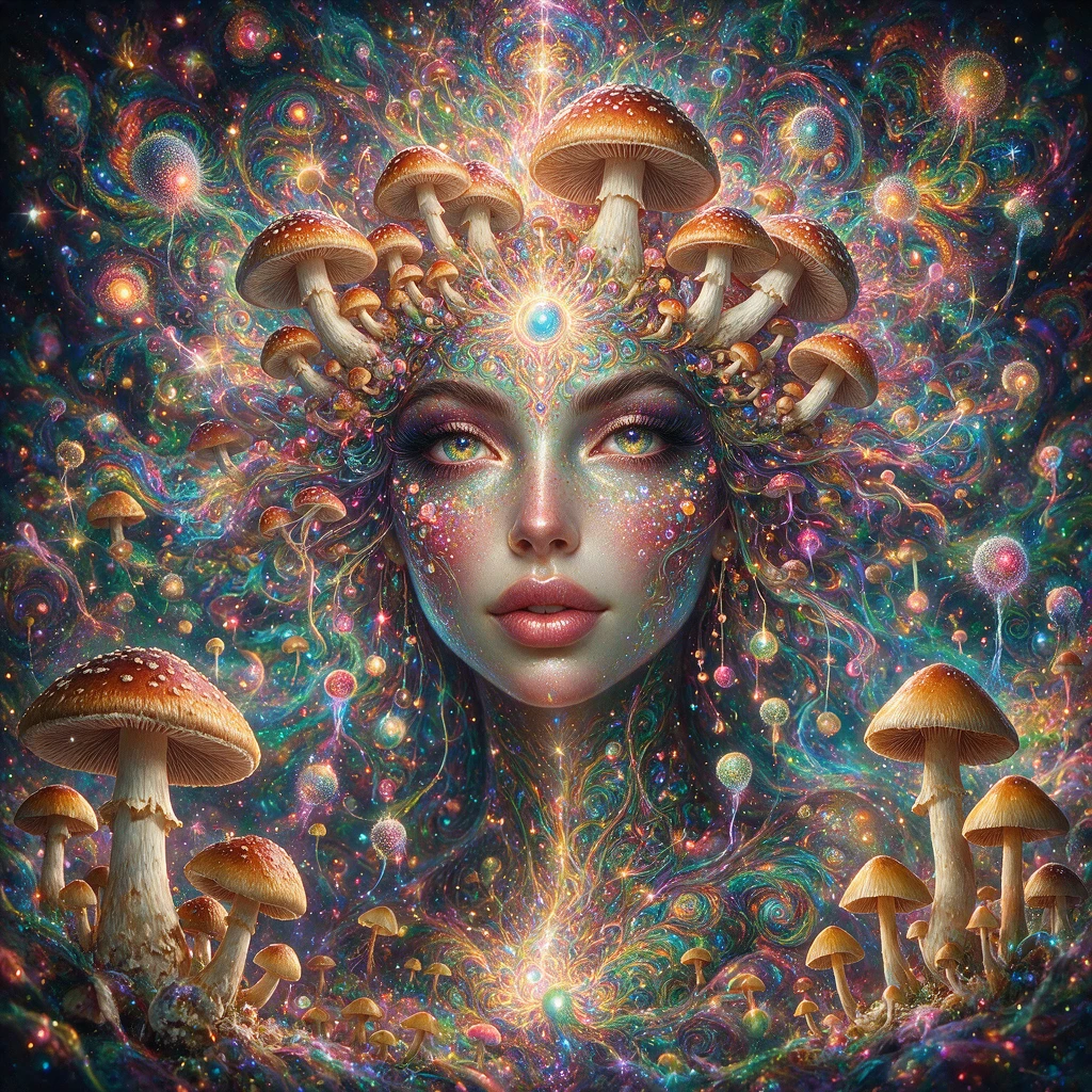 Psychedelic goddess in a surreal fractal mushroom realm