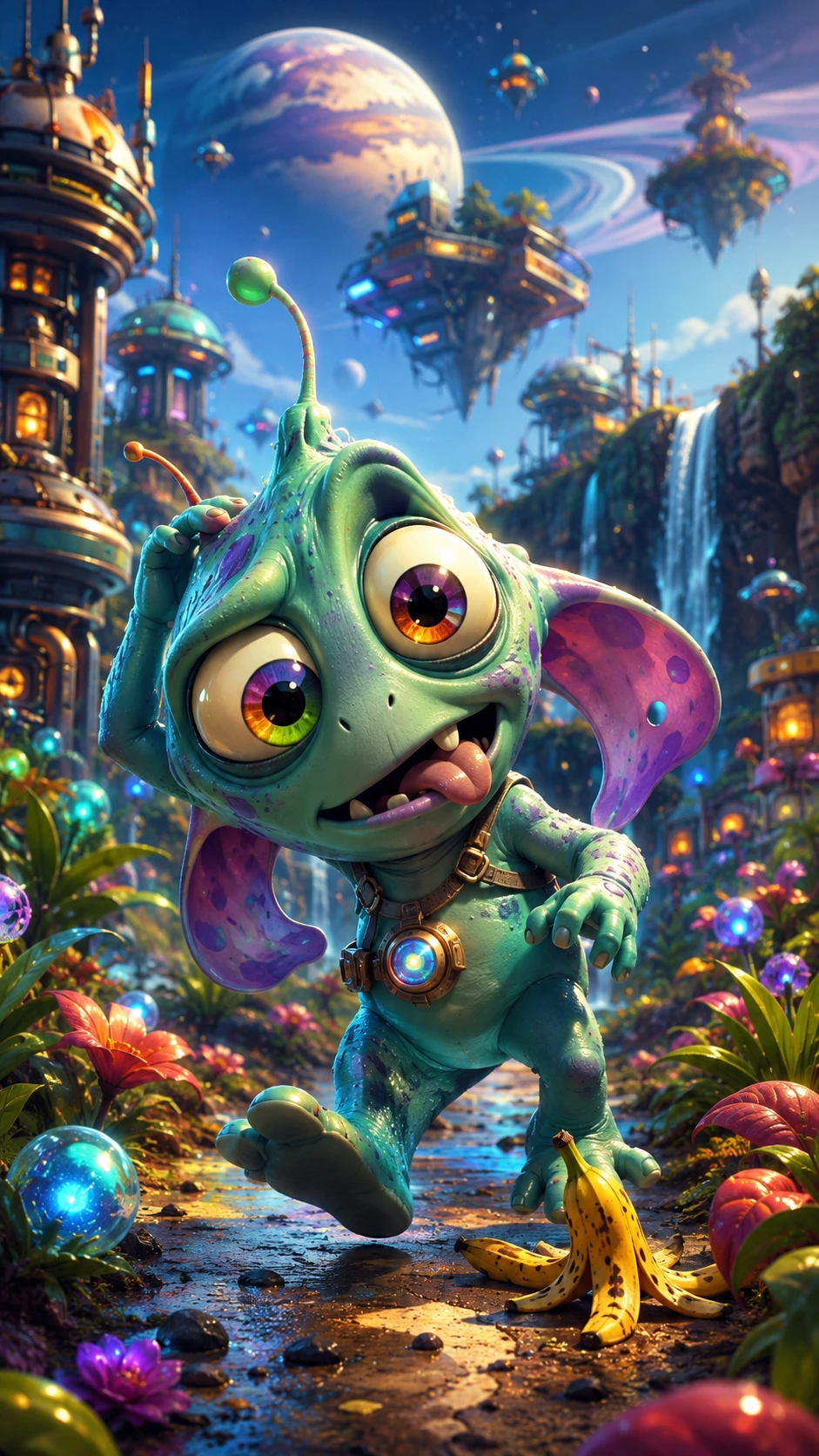 Alien brincalhão com olhos coloridos em uma paisagem de ficção científica