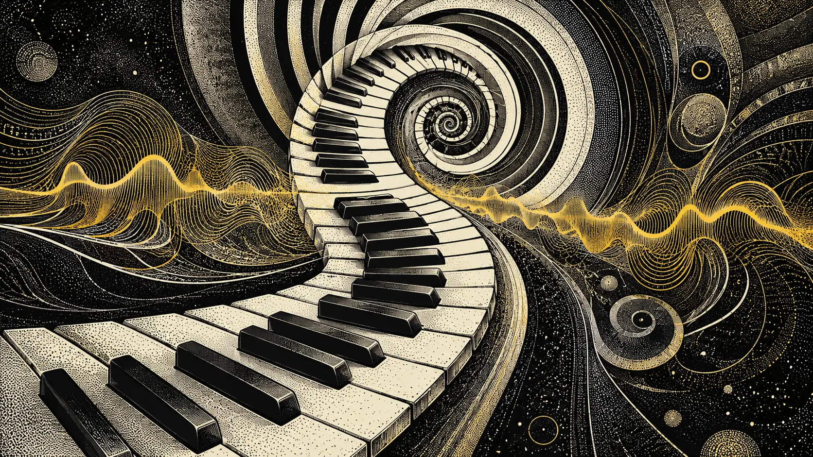 Piano keys dissolving into spiraling optical patterns