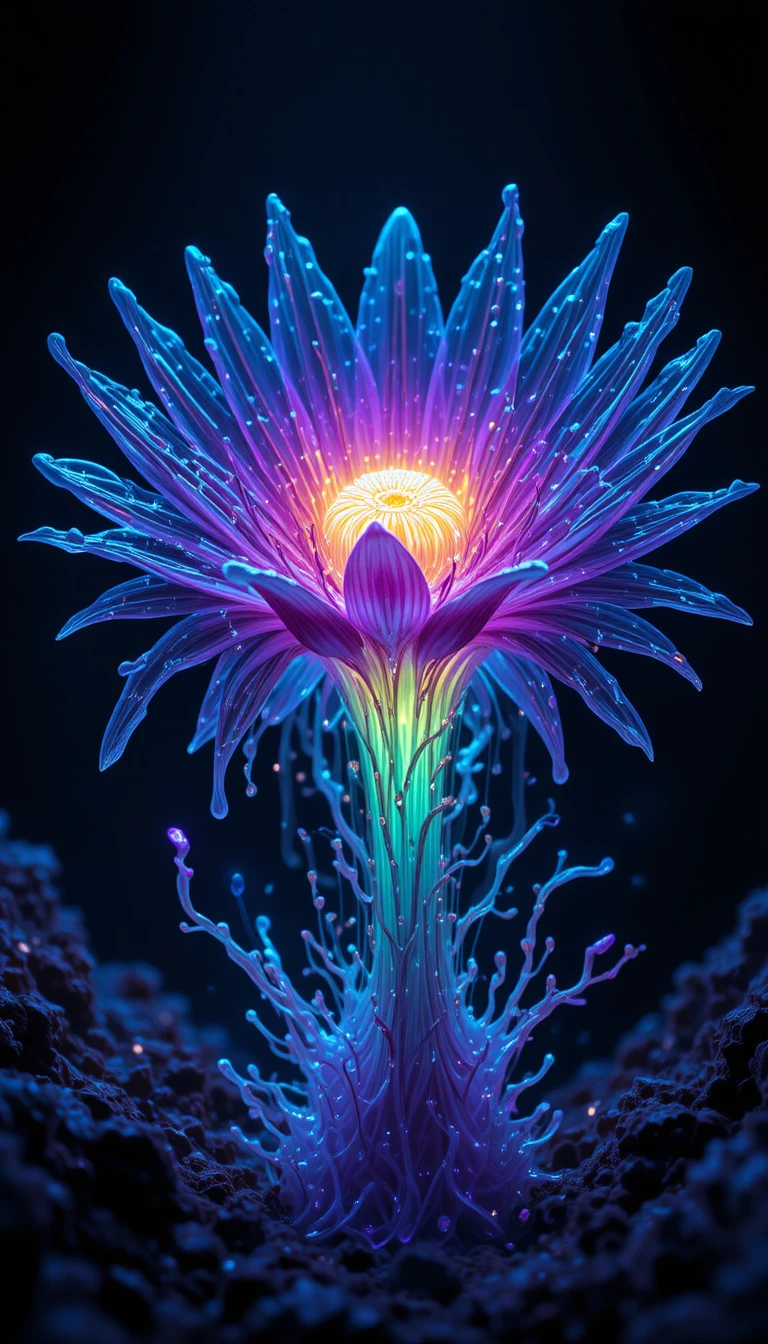 Flor bioluminescente brilhante emergindo de um vazio escuro