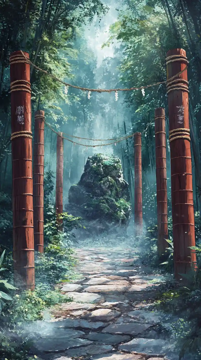 Sentiero di pietra attraverso la foresta di bambù verso una roccia rituale