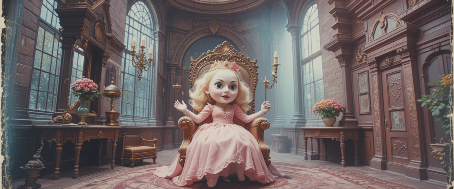 Mascote de princesa sentada em um grandioso castelo de maçã fantasia