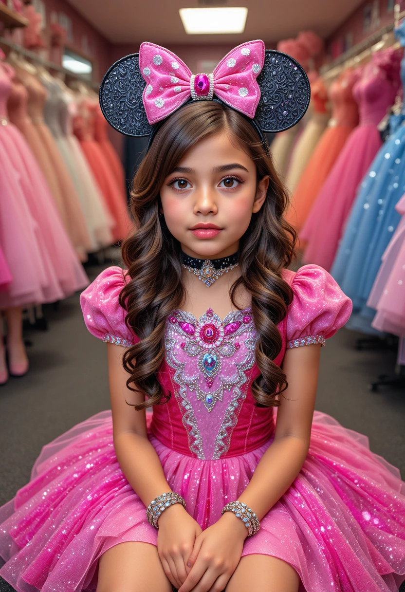 Menino envergonhado com fantasia de princesa rosa no depósito da loja