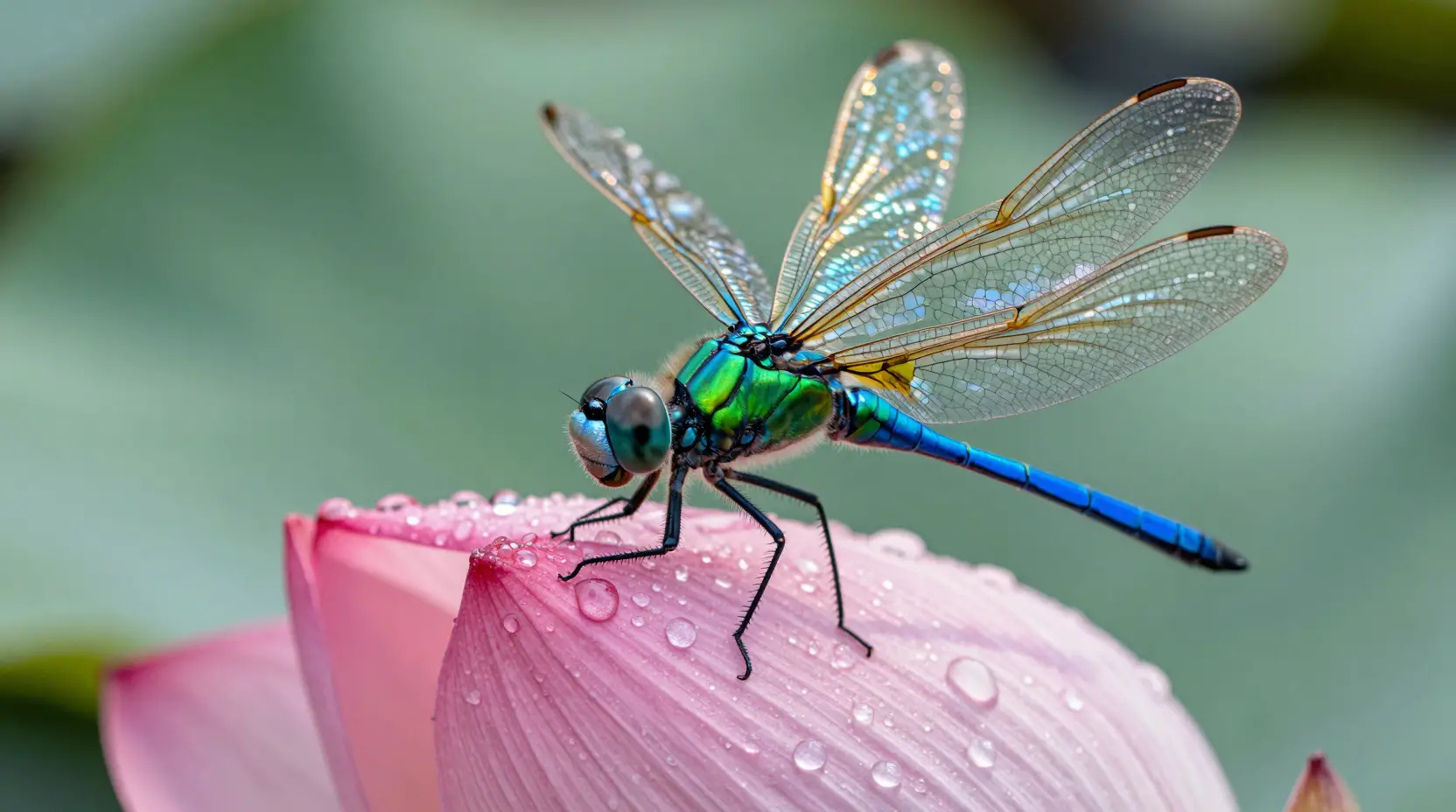 Libelle auf tau­bedecktem rosa Lotusblatt bei Sonnenaufgang