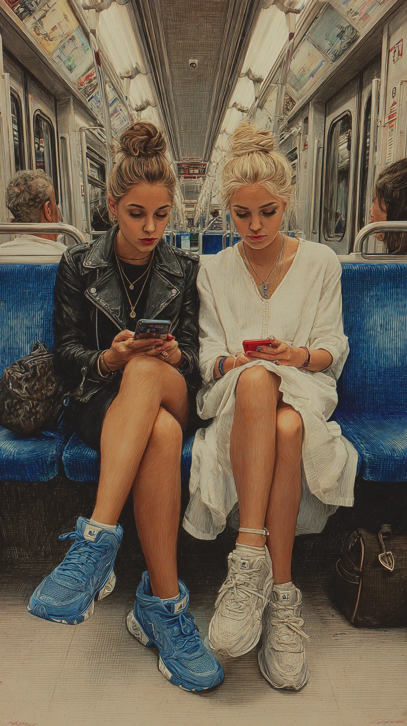 Duas jovens mulheres imersas nos celulares em assentos do metrô
