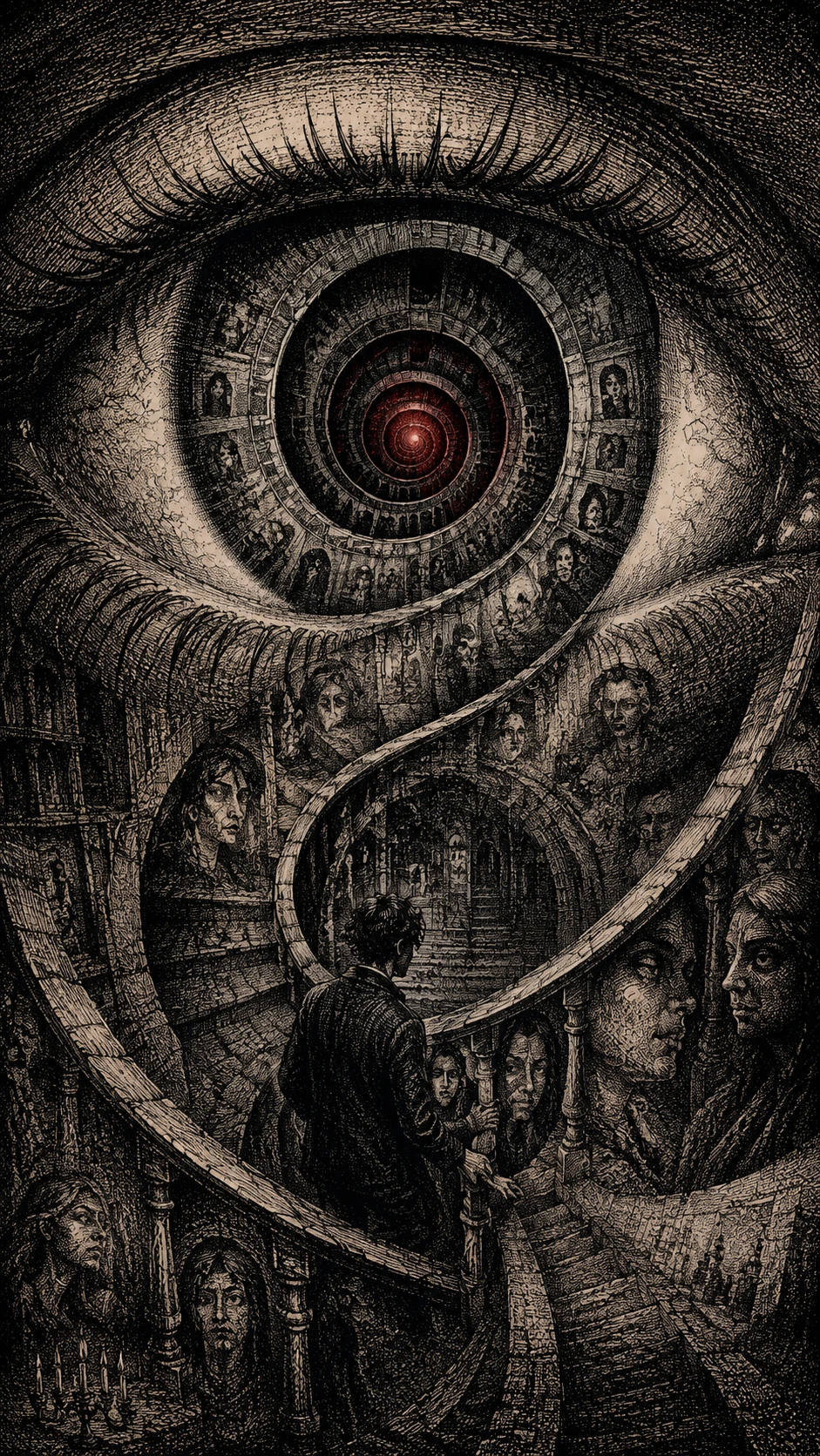 Olho se Transformando em Infinita Escadaria em Espiral da Memória